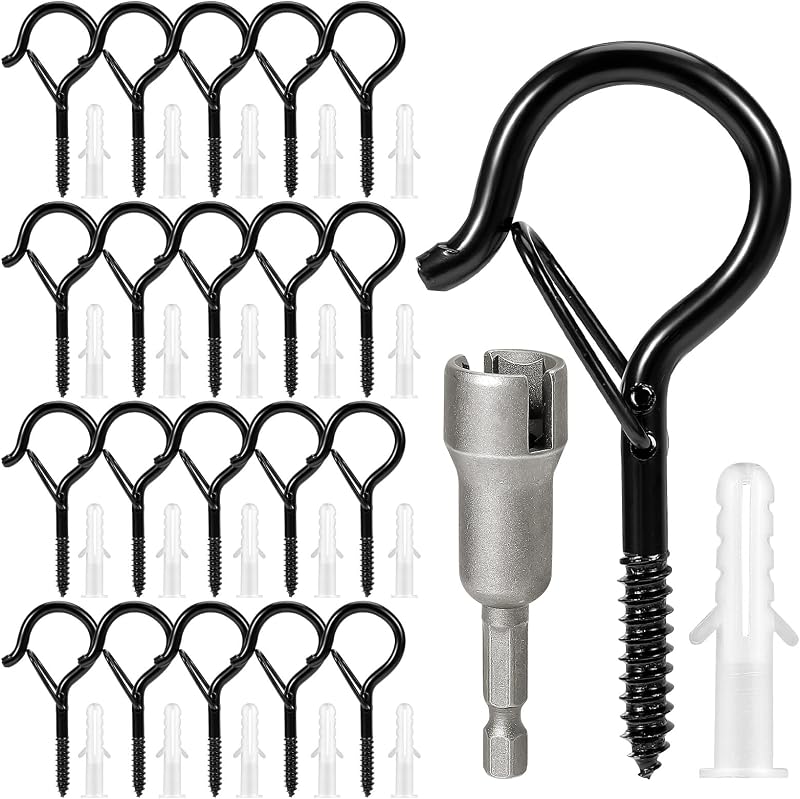 InPoTo 20 PCS Q Hanger Hooks with Safety Buckle, Windproof Screw Hooks, Outdoor String Lights, Plants, Christmas Lights, Patio Lights Use, 2.2 Inches, Black with 1 Wing Nut Driver