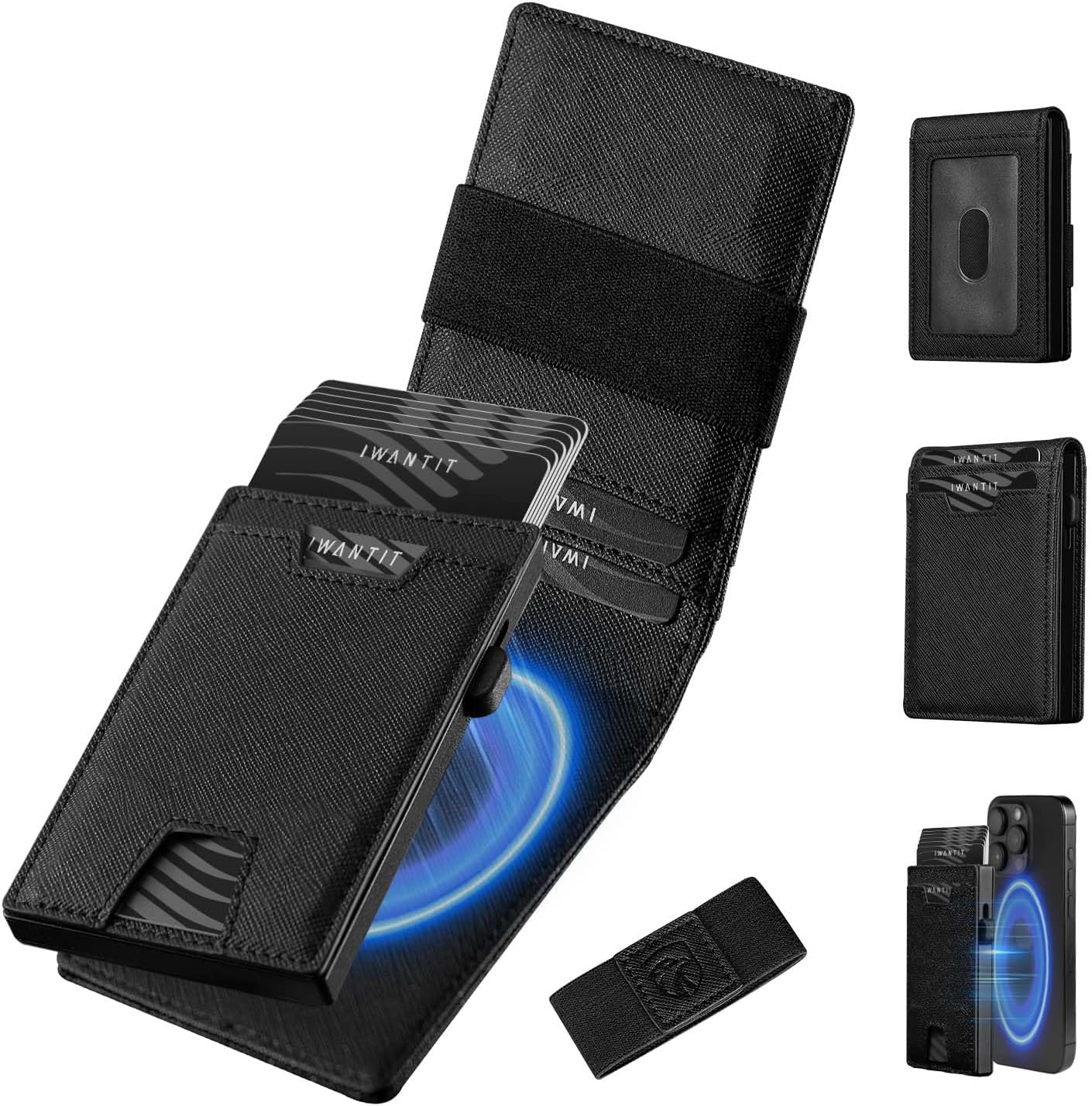 iwantit 3 in 1 Magsafe Wallet Men: Bifold Wallet + Magnetic Wallet for iPhone - Detachable Cash Strap, Smart Pop Up Card Holder, ID Window, Premium Leather (Cross Grain Black)