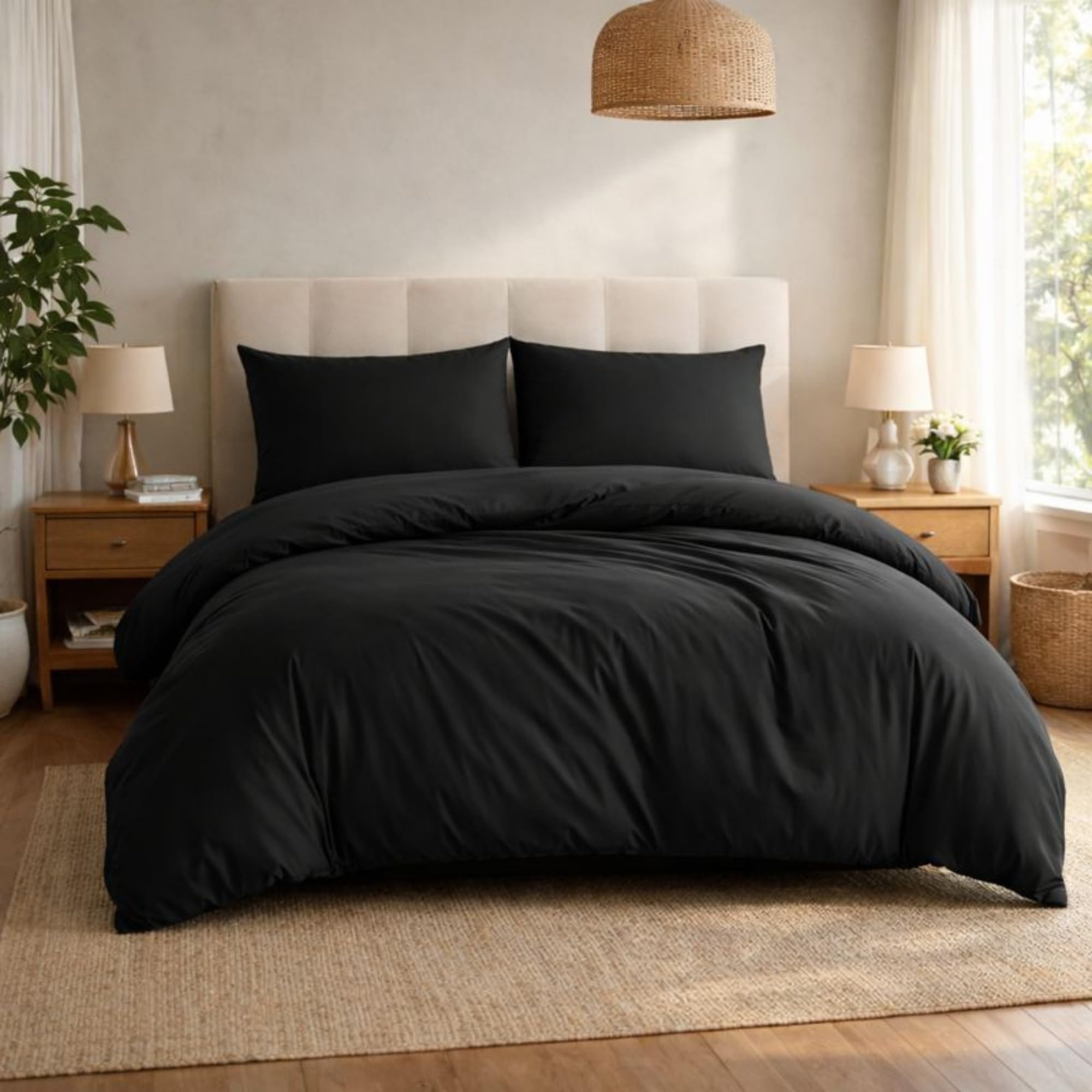 Komfortec Premium Bed Linen 240 x 220 cm with 2 Pillowcases 40 x 80 cm Brushed Microfibre - Black