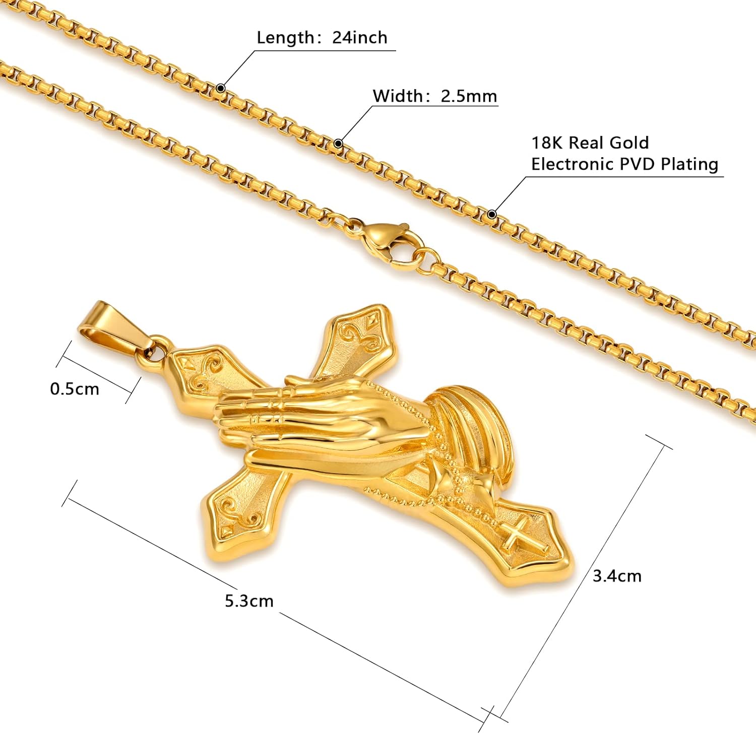 VEXXS Cross Necklace for Men, 18K Real Gold Plated Pendant Necklace with 2.5mm box chain, Durable No Color Fading Men’s Necklace Chain Urban Fashion Street Wear Gold Chain