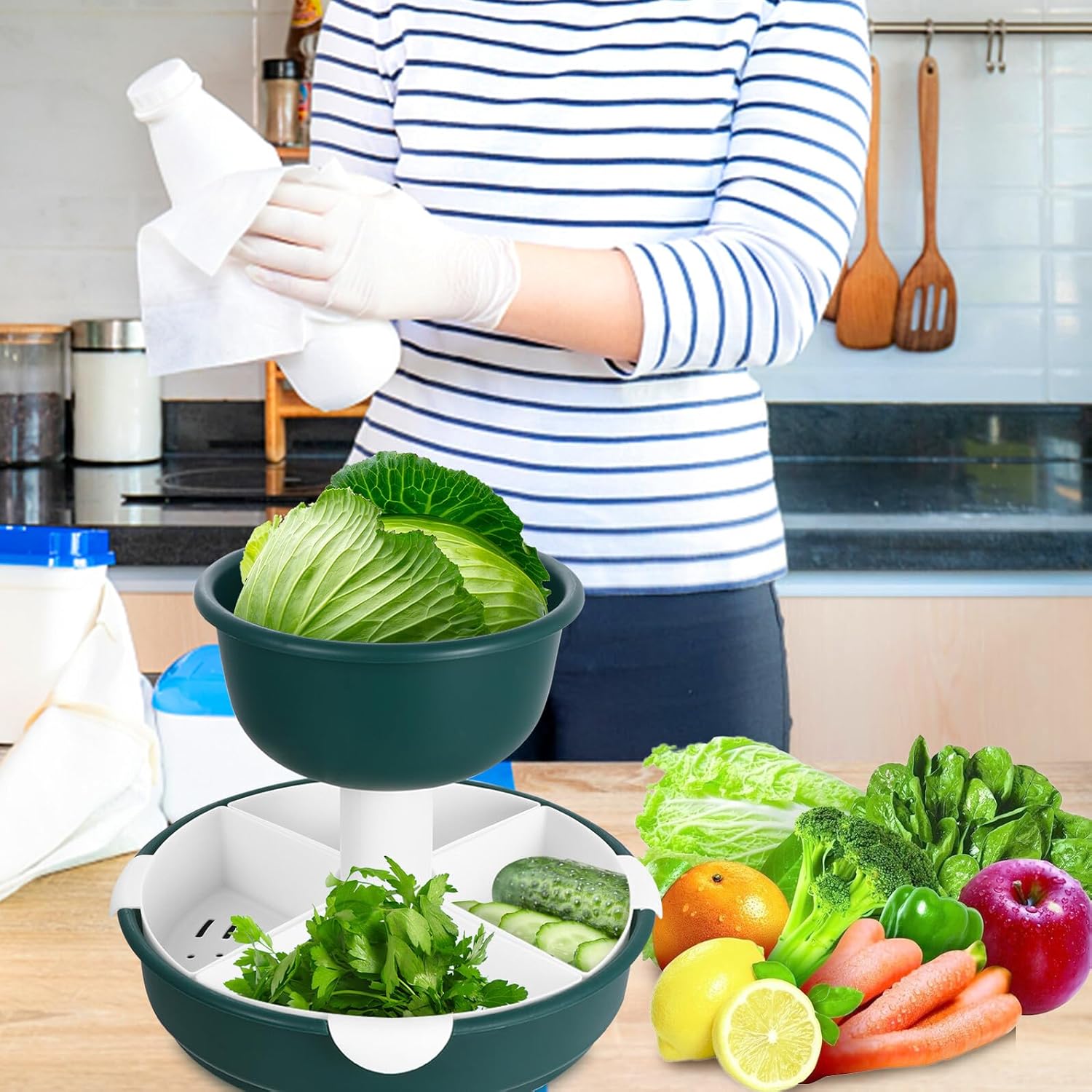 BESPORTBLE Double-layer Hot Pot Food Holder Basket Rotatable Drainage Basket for Washing Fruits and Vegetables High-grade Kitchen Strainer in Mint Green