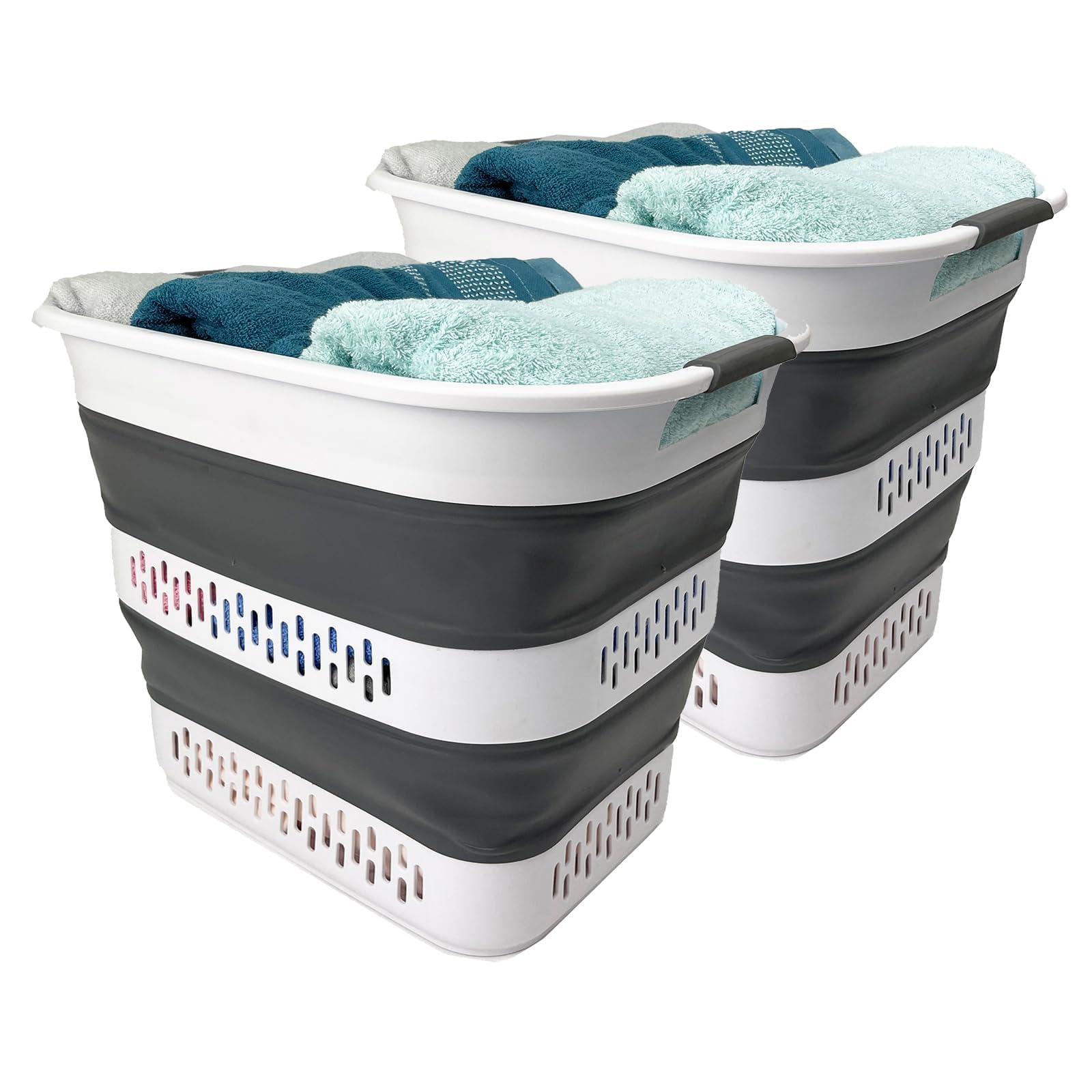 SAMMART 40L (10.5 Gallon) Collapsible Plastic Laundry Basket - Foldable Pop Up Storage Container/Organizer - Portable Laundry Hamper - Space Saving (2, White/Steel Grey)