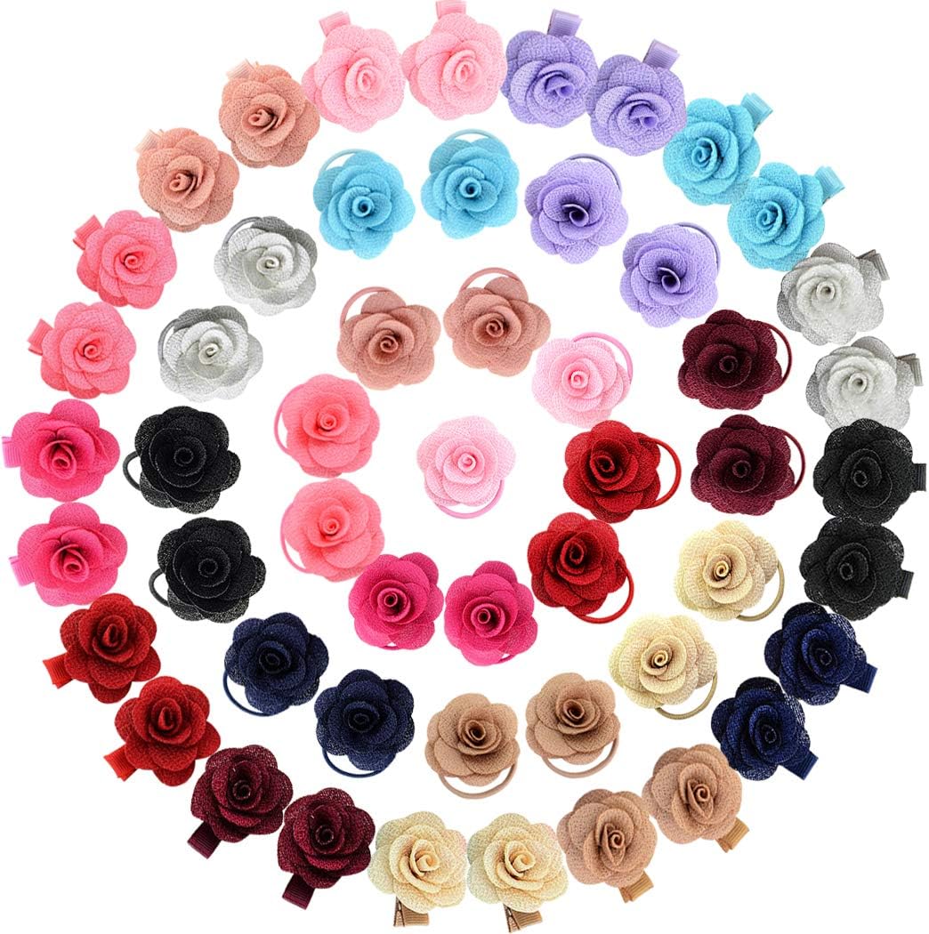 ALinmo 52Pcs Flower Hair Bow Clips and Hair Rubber Band Hair Ties Hair Accessories for Baby Girls Infants Toddler Kids