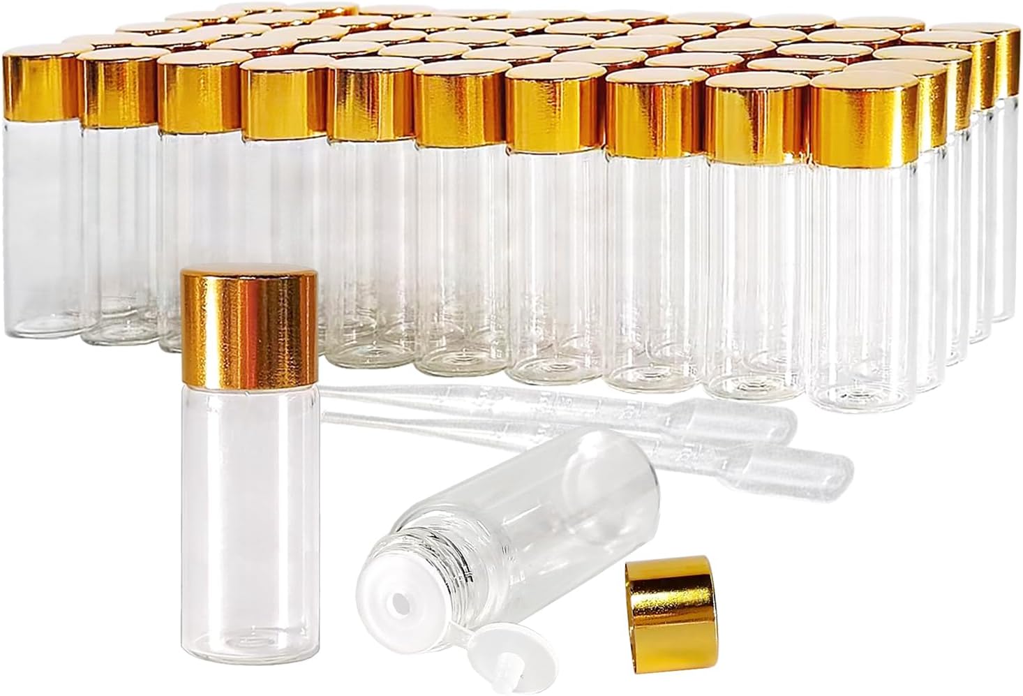 50Pcs 5ml Mini Essential Oil Bottles with Orifice Reducers and Gold Caps,5ml Clear Glass Bottles Vials Sample Bottles, for Perfume, Aromatherapy, Cosmetic Oils Container