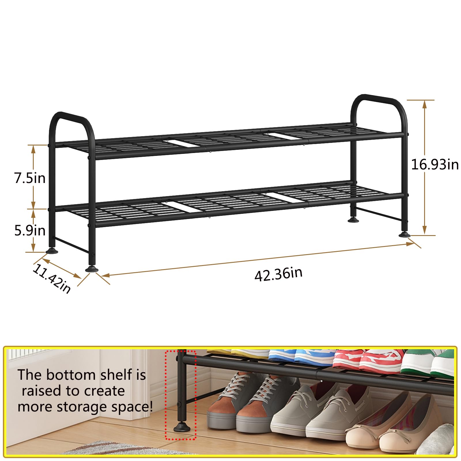 LINZINAR Shoe Rack 2 Tier Storage Organizer for Closet Entryway Metal Black