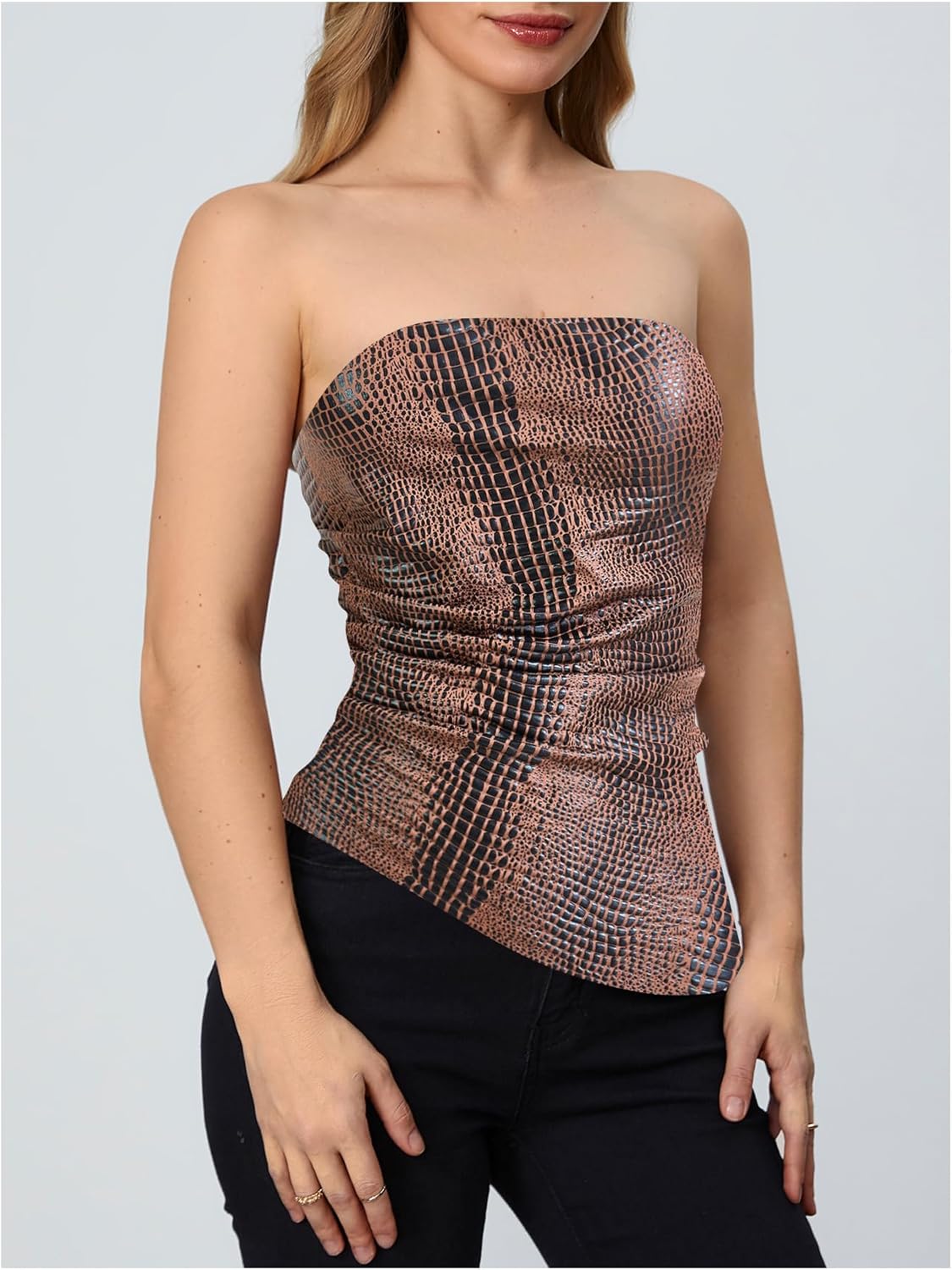 MakeMeChic Women's Leather Corset Tops Strapless Tube Asymmetrical Ruched Backless Crop Going Out Tops - Image 4