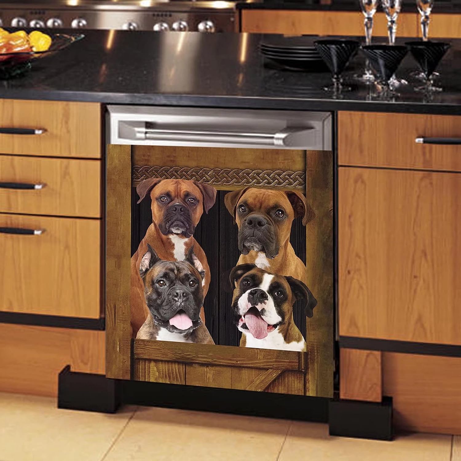 Brindle Boxer Dishwasher Magnet Decorative,Dog Magnetic Dishwasher Cover for The Front,Wood Frame Puppy Decal Refrigerator Sticker Magnets Fridge Decal Appliance Decor,Easy To Trim 23"x17"