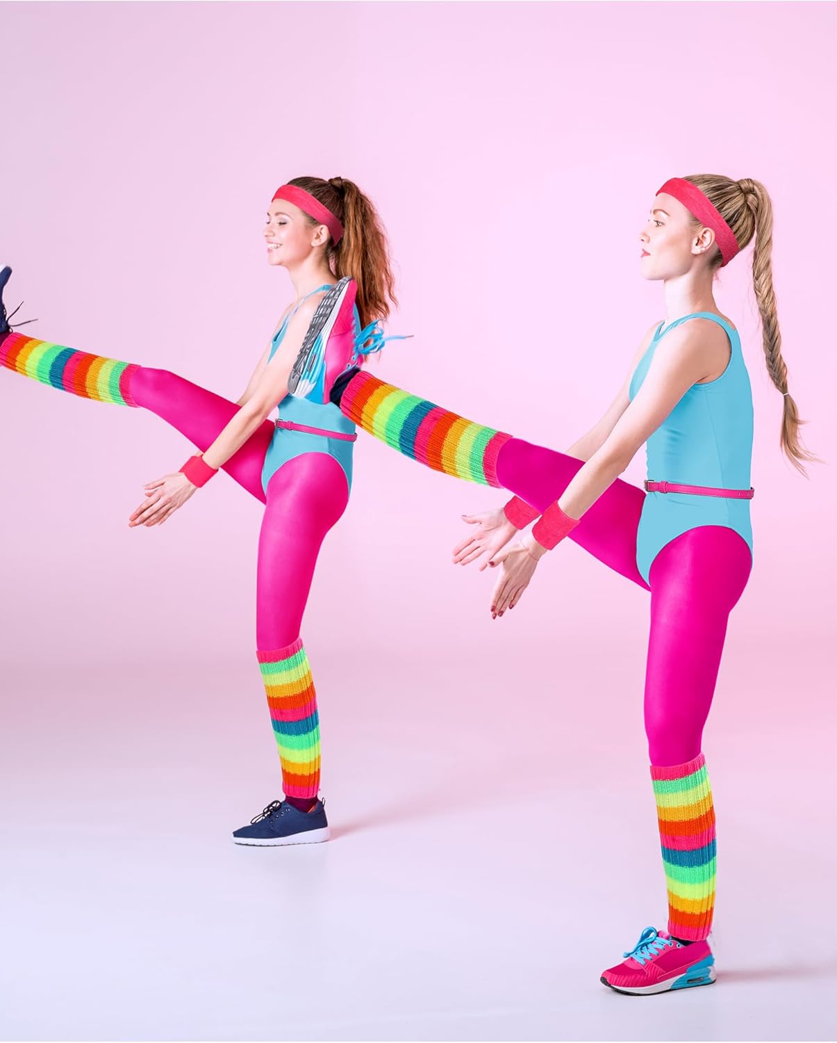 Cuffbow 6 Pcs Kids 80s Workout Costume Accessories Set Include Neon Leotard Legging Leg Warmers Wristband Headband Belt
