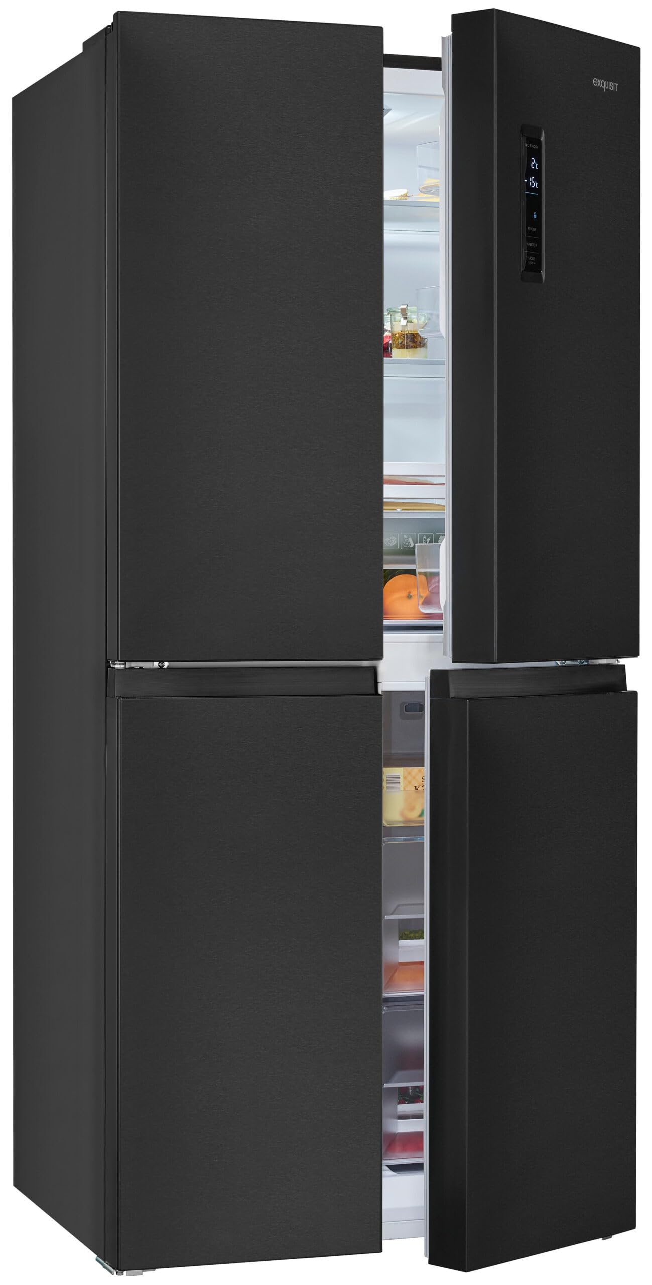 Exquisit® Frigorífico Americano 4 Puertas, 421L, Inox Oscuro, Clase C, No-Frost Total, Control Electrónico, Congelación Rápida, Función Vacaciones, Medidas (180,0 x 79,5 x 70,0 cm)