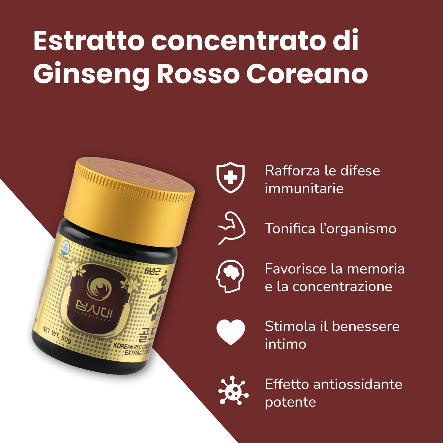 SAMSIDAE - Estratto Gold di Ginseng Rosso Coreano, Massima Concentrazione in Ginsenósidi 13 mg/g, Radici di 6 Anni, Qualità Superiore, Trattamento di 45 Giorni, 50g