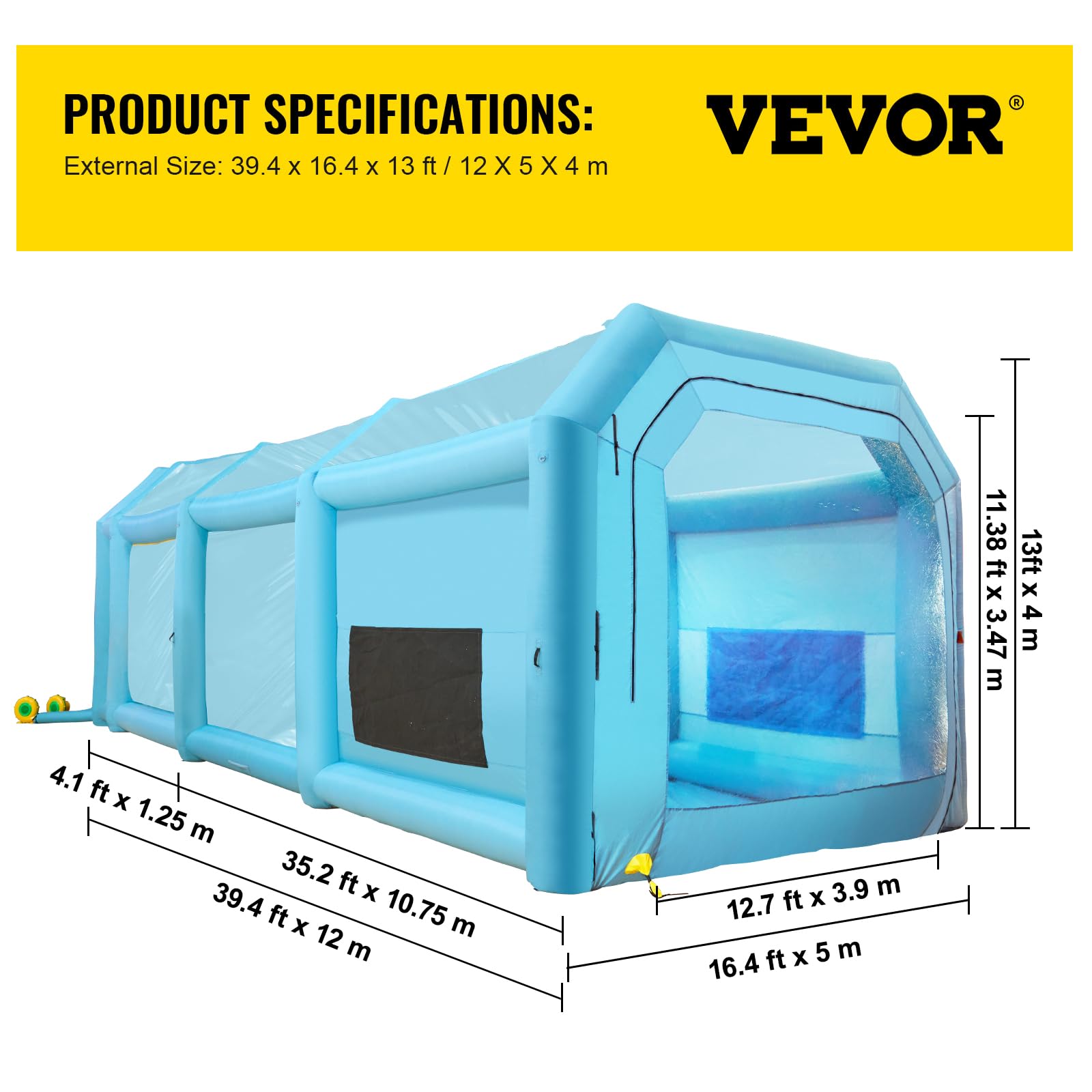 VEVOR Aufblasbare Lackierkabine Spritzlackierkabine 10,75 x 3,9 x 3,47 m 2 Gebläse Luftfiltersystem Autolackierkabine