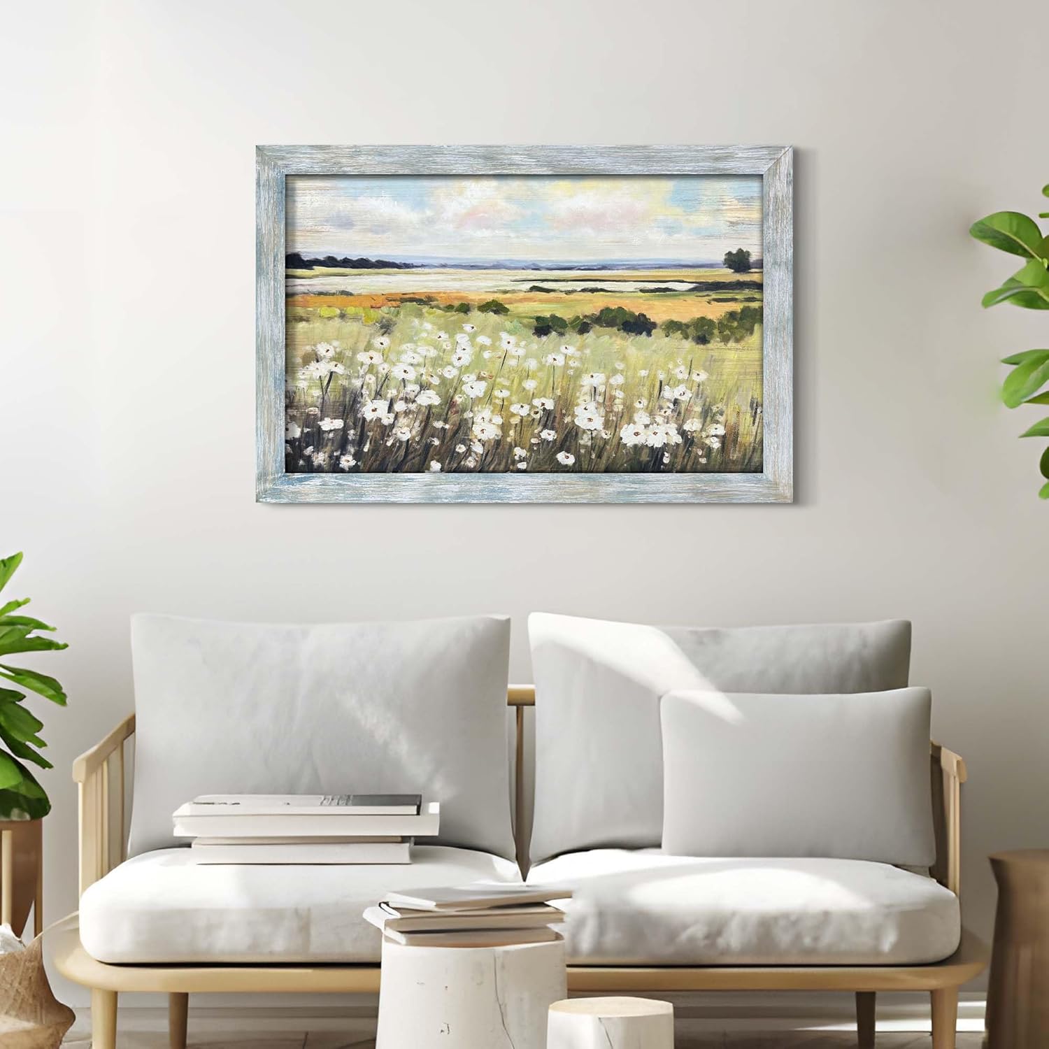 Floral Meadow Framed Wall Art - Rustic Green Landscape Picture Textured Natural Scenery Painting Artwork Prints for Bedroom Decor