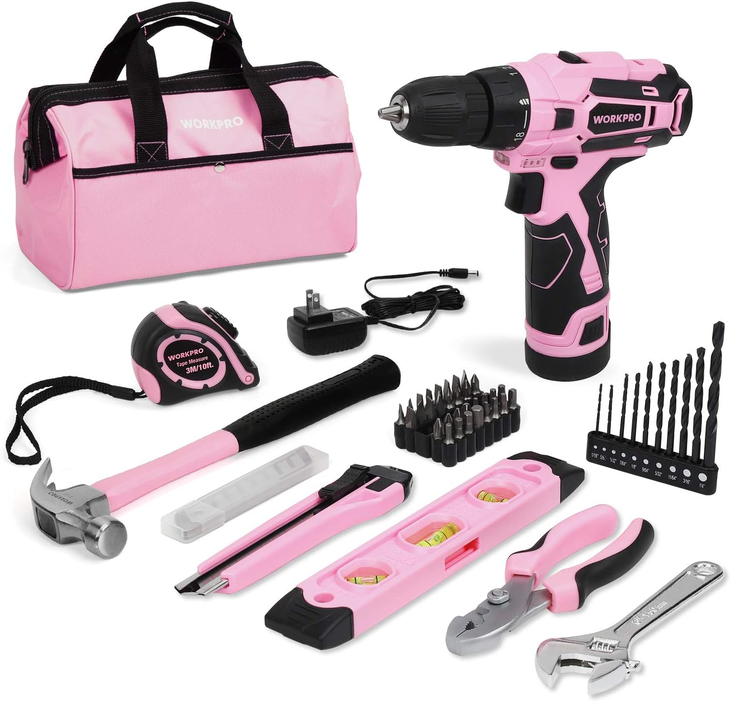 WORKPRO 12V Pink Cordless Drill Driver and Home Tools Kit DIY Hand Tools Set for Home Maintenance with 14" Storage Bag - Pink Ribbon