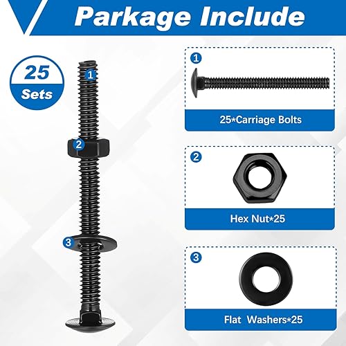 Miniatura 38 de Zonon Juego de 50 tornillos y tuercas de acero inoxidable de 1/4-20 x 3 pulgadas, cabeza redonda, cuello cuadrado, tornillos y tuercas hexagonales