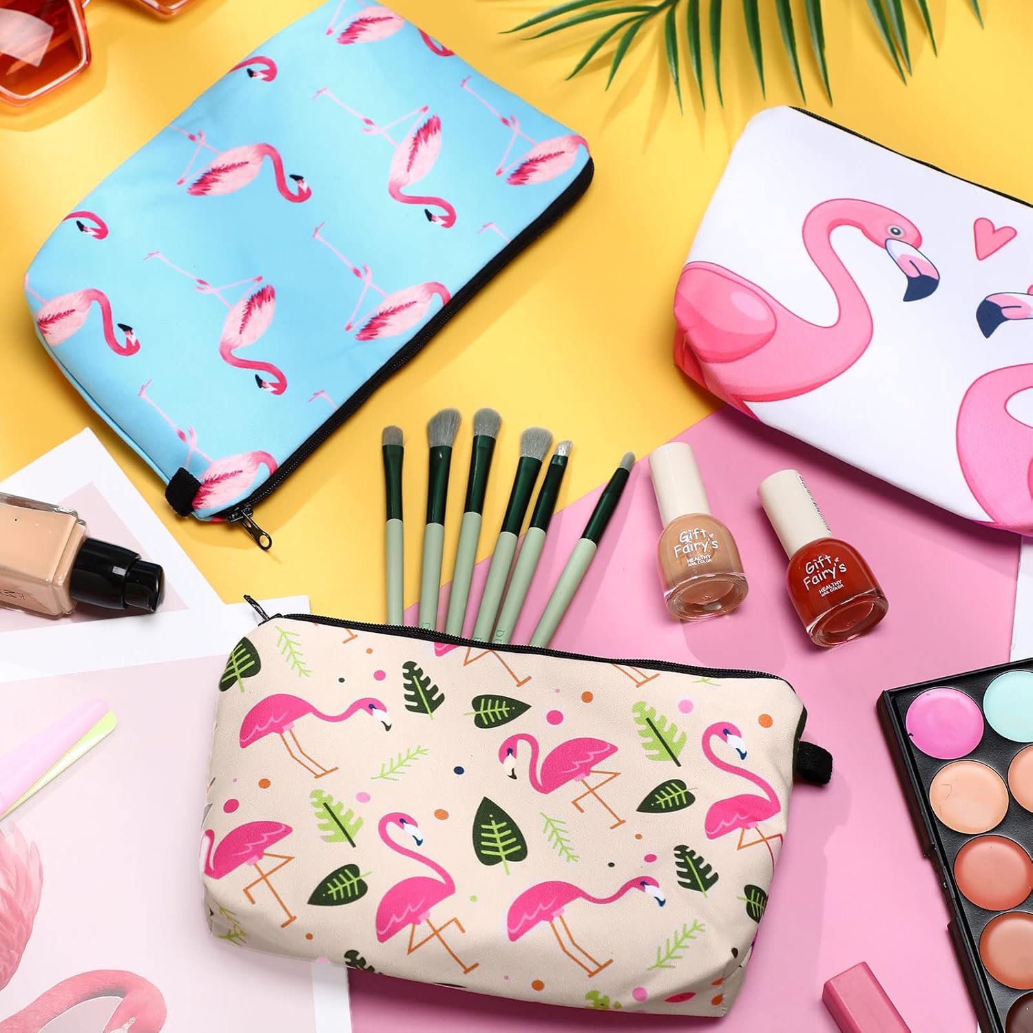 12 Pcs Canvas Cosmetic Bags Set Printed Makeup Bags with Zipper Multifunctional Canvas Travel Pouch for Women Travel Toiletry Bag(Flamingo Pattern)