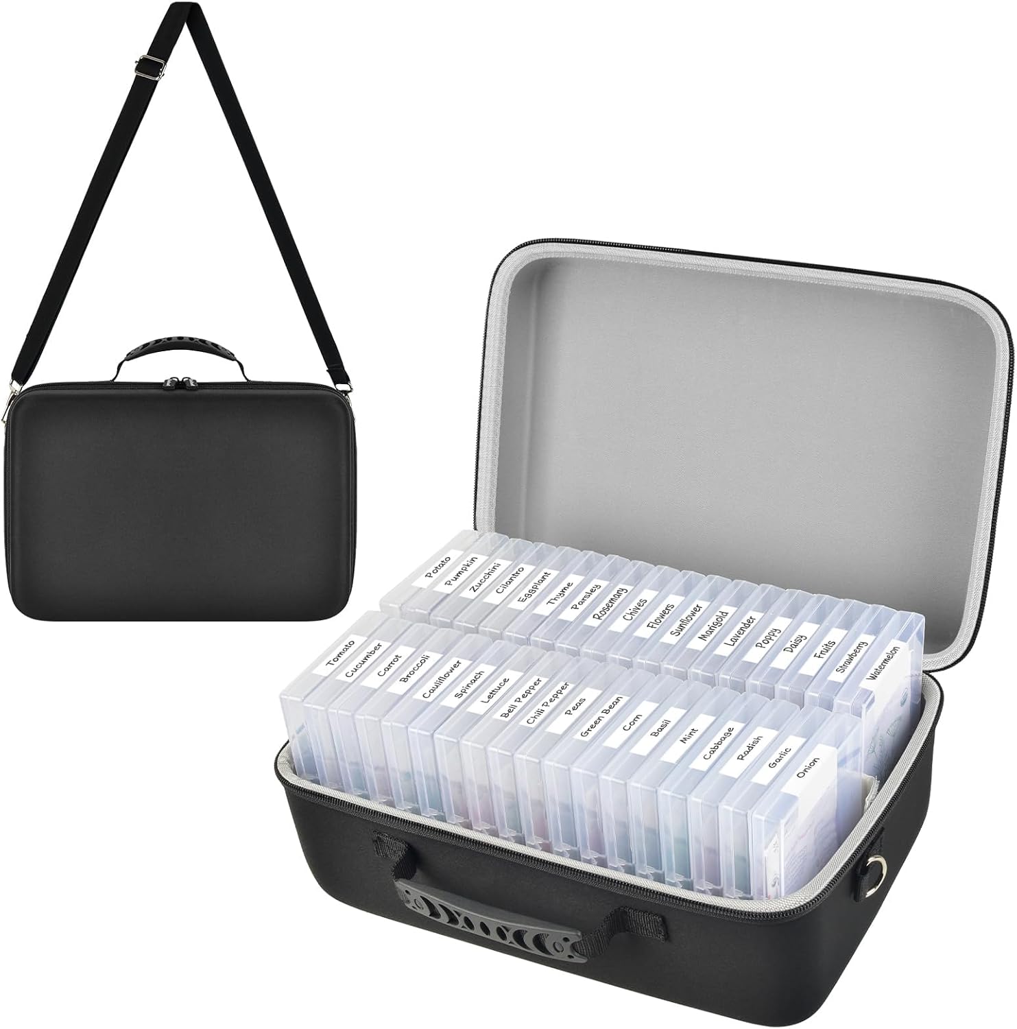 Boobowl 36 Slots Seed Storage Organizer, Hard Shell Seed Holder with Labels, Dry Storage Container for Garden Vegetable Seeds, Sturdy Carrying Bag with Handle and Shoulder Strap (Box Only)