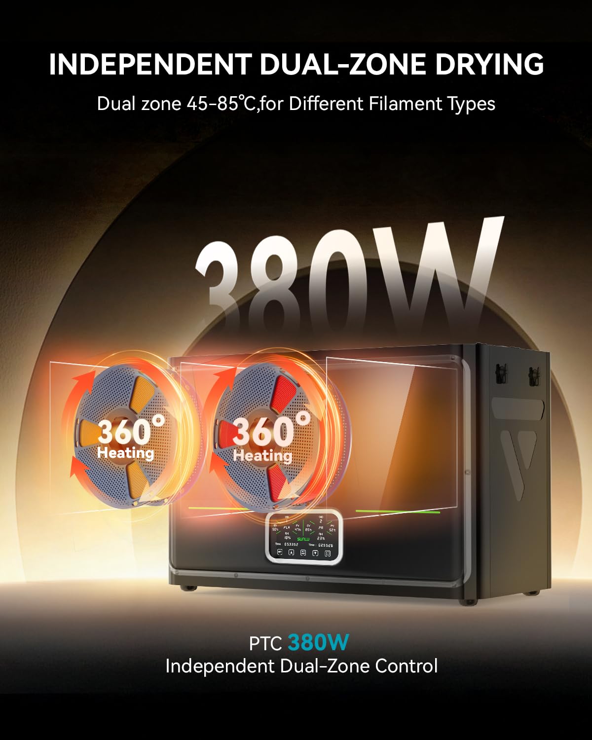 SUNLU Secador de filamento para impresora 3D S4 Pro, control de temperatura de doble zona, color negro | hasta 85 °C, calentador PTC de 380 W, recocido, control automático de humedad, para ABS/PLA/PETG/nailon