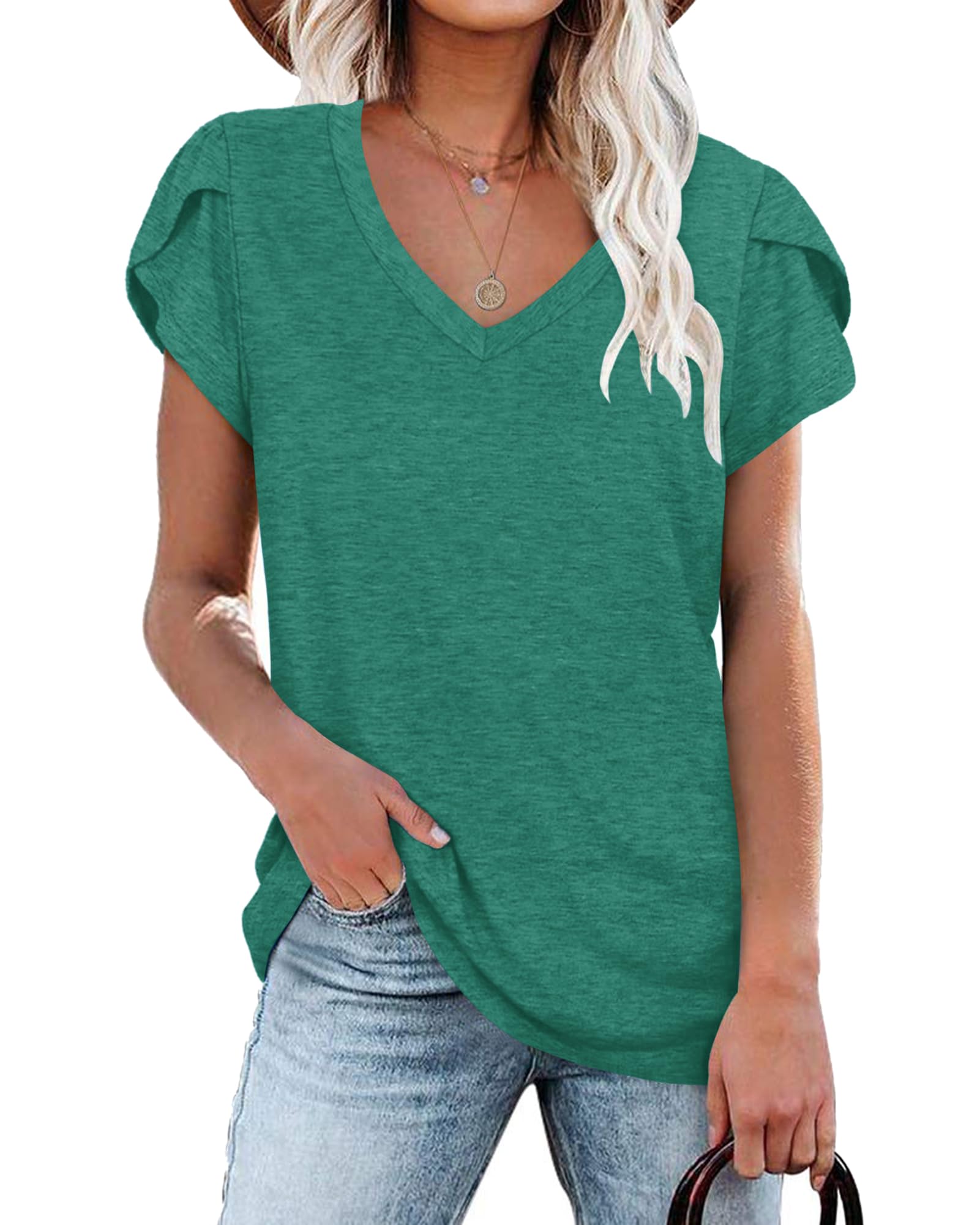 PLOKNRD Damen Tops V-Ausschnitt Blütenblatt Ärmel T-Shirt Sommer Freizeit Kurzen Ärmeln Strand Oberteile(Mintgrün,S)
