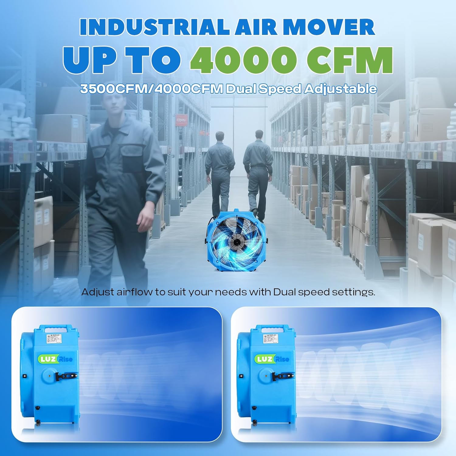 16.5" Axial Blower Exhaust Fan, Heavy Duty Industrial Blower Fan, 4000CFM Dual Speed Adjustable, High Velocity Portable Exhaust Fan for Workshops, Construction Sites & Confined Spaces (Blue)