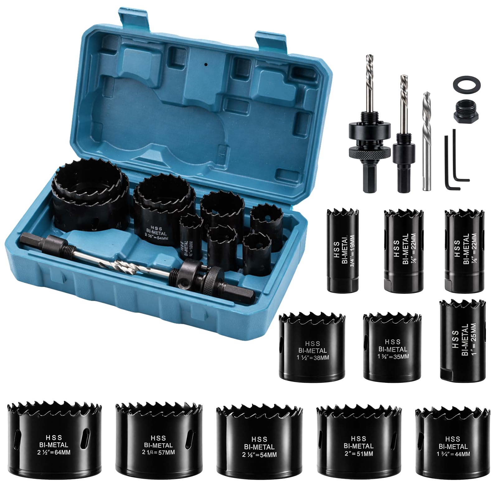 10Pcs Bi-Metal Hole Saw Sets, 19-64mm Hole Cutter Set in Case with Hexagon Adapter and Centring Drill, Downlights Drill Bit Tools for Cutting Soft Metal, Wood, PVC, Plastic, Drywall, DIY Projects