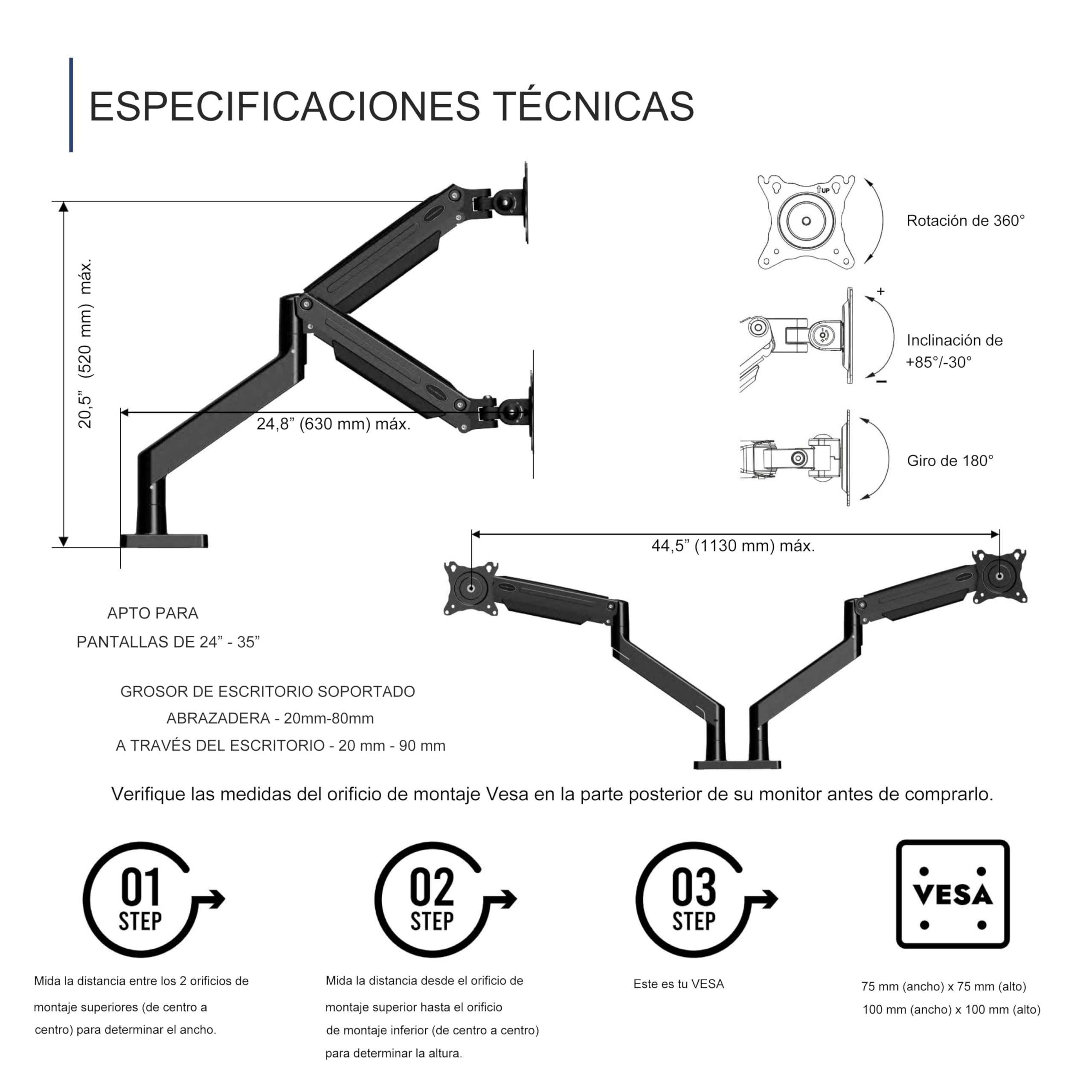Invision Soporte Monitor Doble Brazo para Pantallas 24-35 Pulgadas, VESA 75/100mm, Altura Ajustable Inclinar Girar y Extender, Resorte de Gas Montaje de Abrazadera de Escritorio Peso 2-15kg (MX900)
