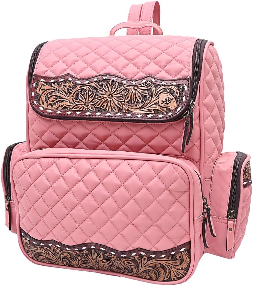 American Darling Genuine Leather Hand-Tooled Floral Quilted Backpack Bag Travel Purse with YKK Zipper