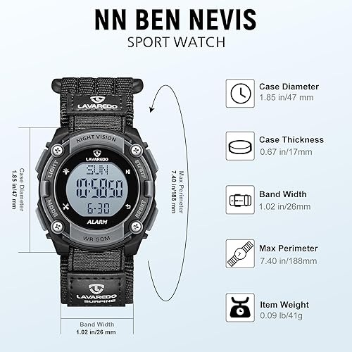 Miniatura 5 de NN BEN NEVIS Reloj digital para hombre, reloj deportivo al aire libre, impermeable, con alarma, calendario, cronómetro, cronógrafo, luz trasera