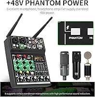 Vista 5 de XTUGA BT4 - Mezclador de karaoke con micrófono inalámbrico, mezclador de audio de 4 canales, consola de tablero de sonido, MP3, Bluetooth, 48V