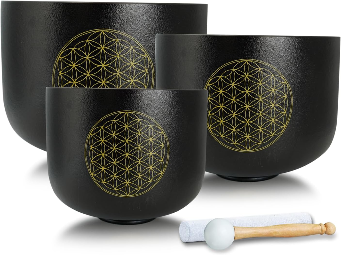 Set of 3 Singing Bowls Flower of Life Black 6-10 inch 6"A 8"F 10"C Frosted Chakra Quartz Crystal Sound Healing Crystal with 1 Mallet Suede 1 Striker 3 O-rings