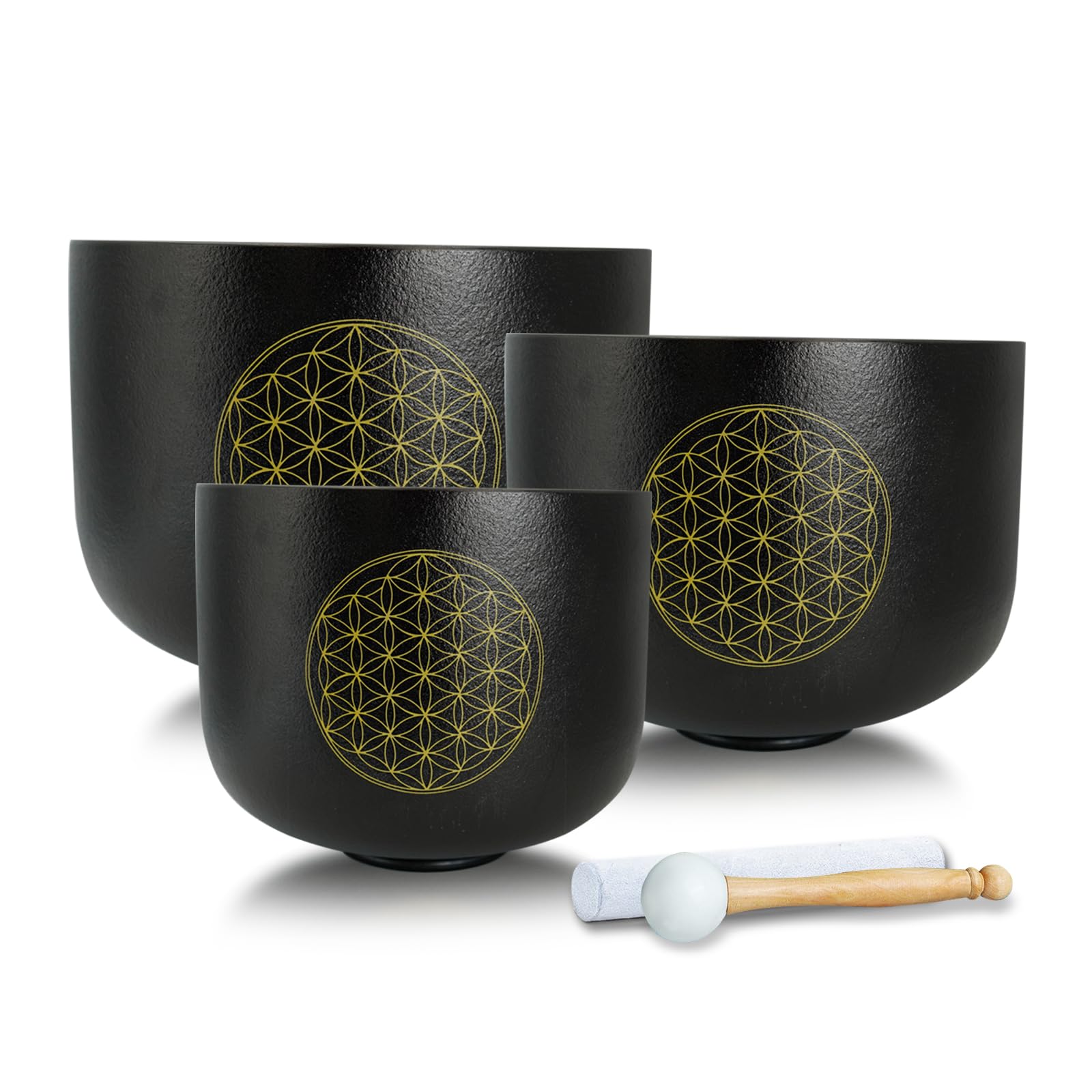 Siceeoly シンギングボウル3個セット 8"B 10"F 12"C 黒い 生命の花 つや消しクォーツ ハートチャクラ 瞑想 サウンドヒーリング スエード棒1個 ゴム棒1個 Oリング3個 保護スポンジカバー2個