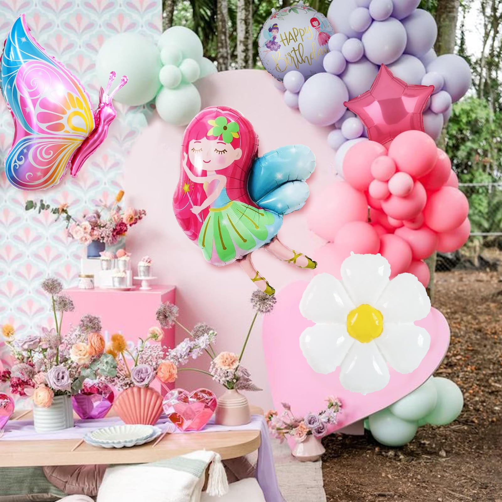 5 Folienballons Für Mädchengeburtstag – Feen, Schmetterlinge, Gänseblümchen, Inkl. Stern & Rundballon