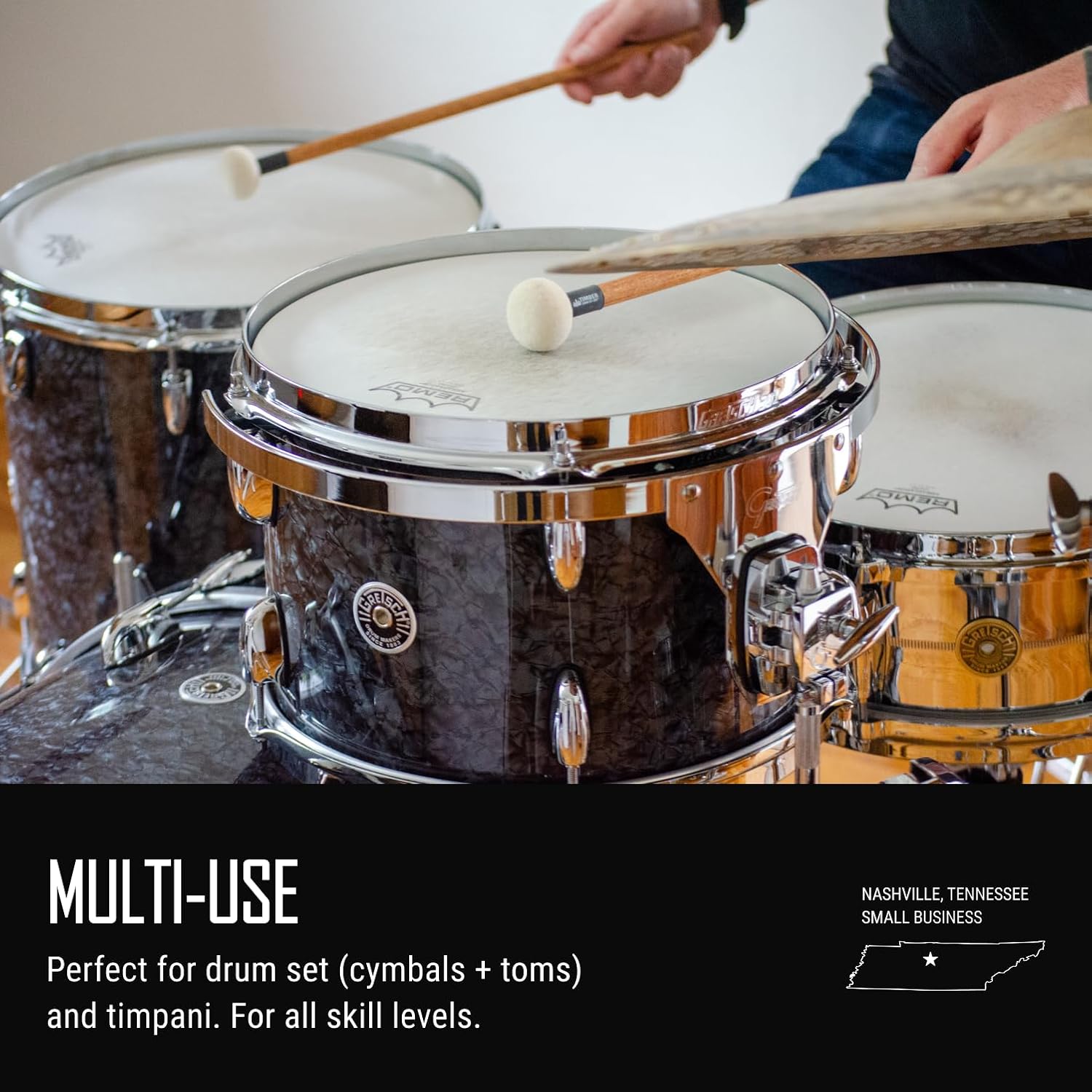 Timber Drum Co. Timpani/Cymbal Mallets, Wool Felt –– U.S.A. ASSEMBLED — Percussion Sticks for Drum Set, Tongue Drum –– Birch Handles 15.25"