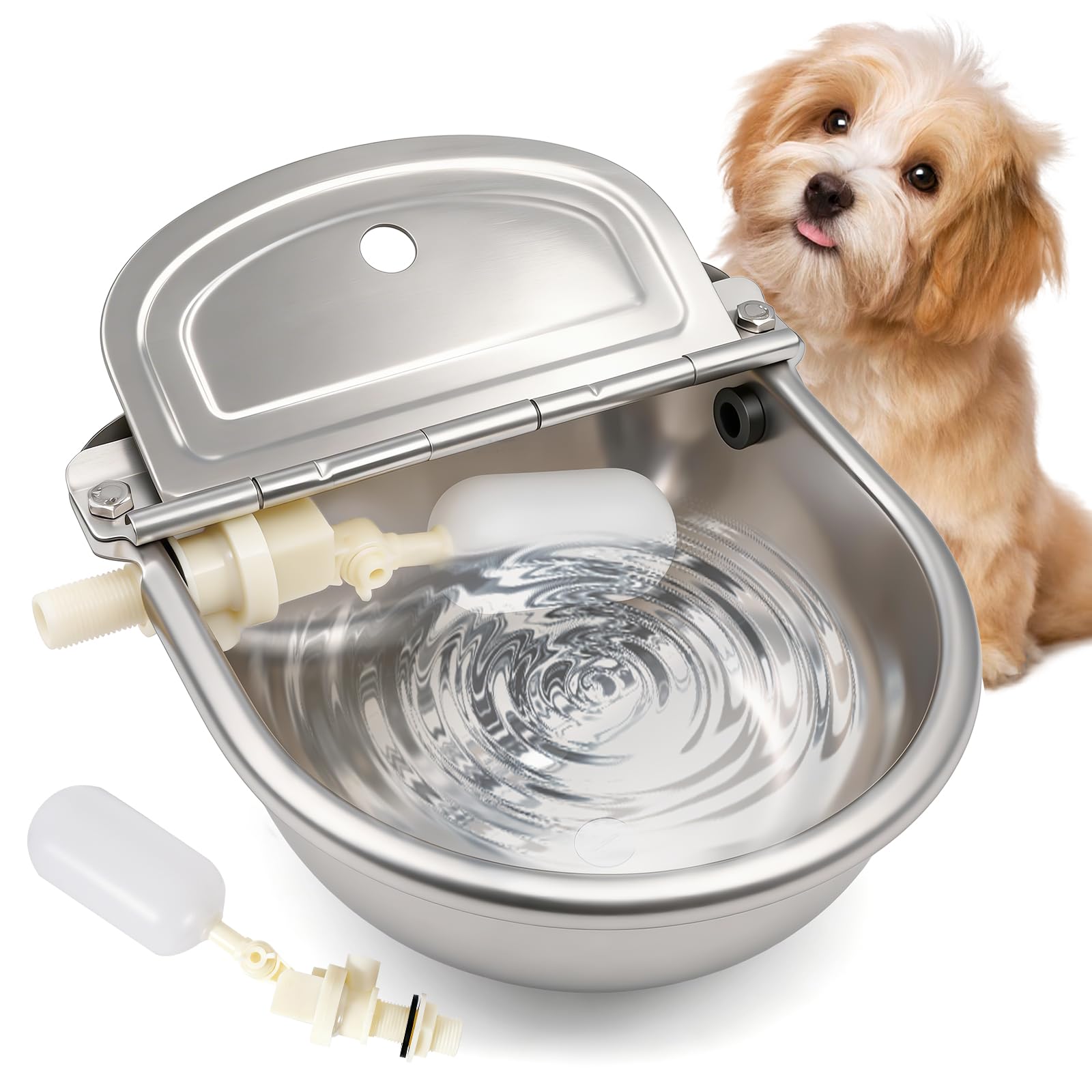 Abbeveratoio Automatico per Cani con Valvola a Galleggiante Regolabile a 2 Pezzi, Ciotola per Bestiame in Acciaio Inox con Tappo di Scarico per Bovini, Maiali, Pecore e Cani