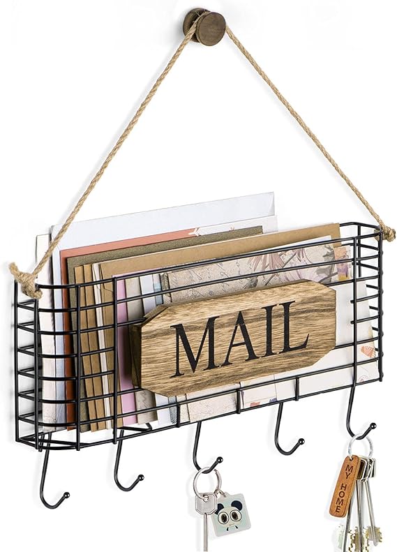 SRIWATANA Mail Holder, Rustic Mail Organizer Wall Mount Hanging Mail Sorter Letter