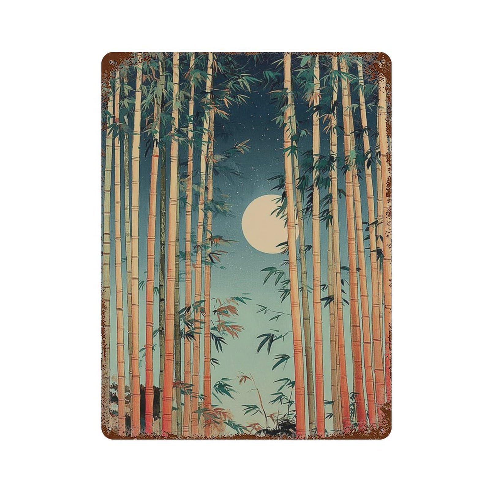 xiaoxiaoshen Japanese Bamboo Forest Moonlit Green Night Landscape Calm Nature Wall Decor Art Metal Tin Poster Modern Home Decor Art Home Bar Shop Decorations Vintage Sign 40x30cm