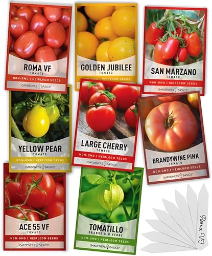Gardeners Basics, Tomates tradicionales para plantar 8 paquetes variados, San Marzano, Roma VF, cereza grande, Ace 55 VF, pera amarilla, tomatillo,