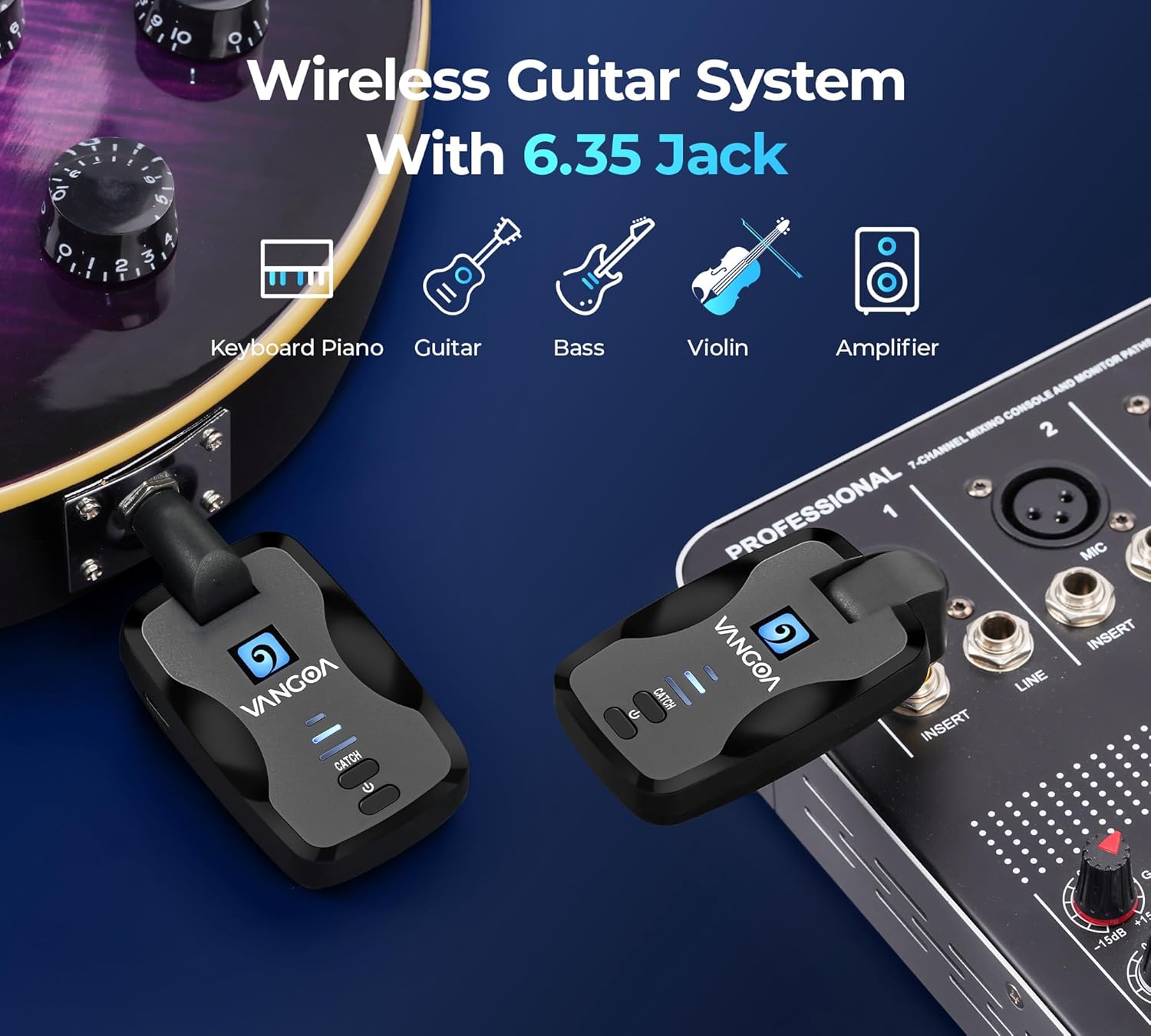 Vangoa Wireless Guitar System with Storage Case, 2.4Ghz Rechargeable Audio Wireless Guitar with Mute Plug 4 Channels for Bass Electric Instruments