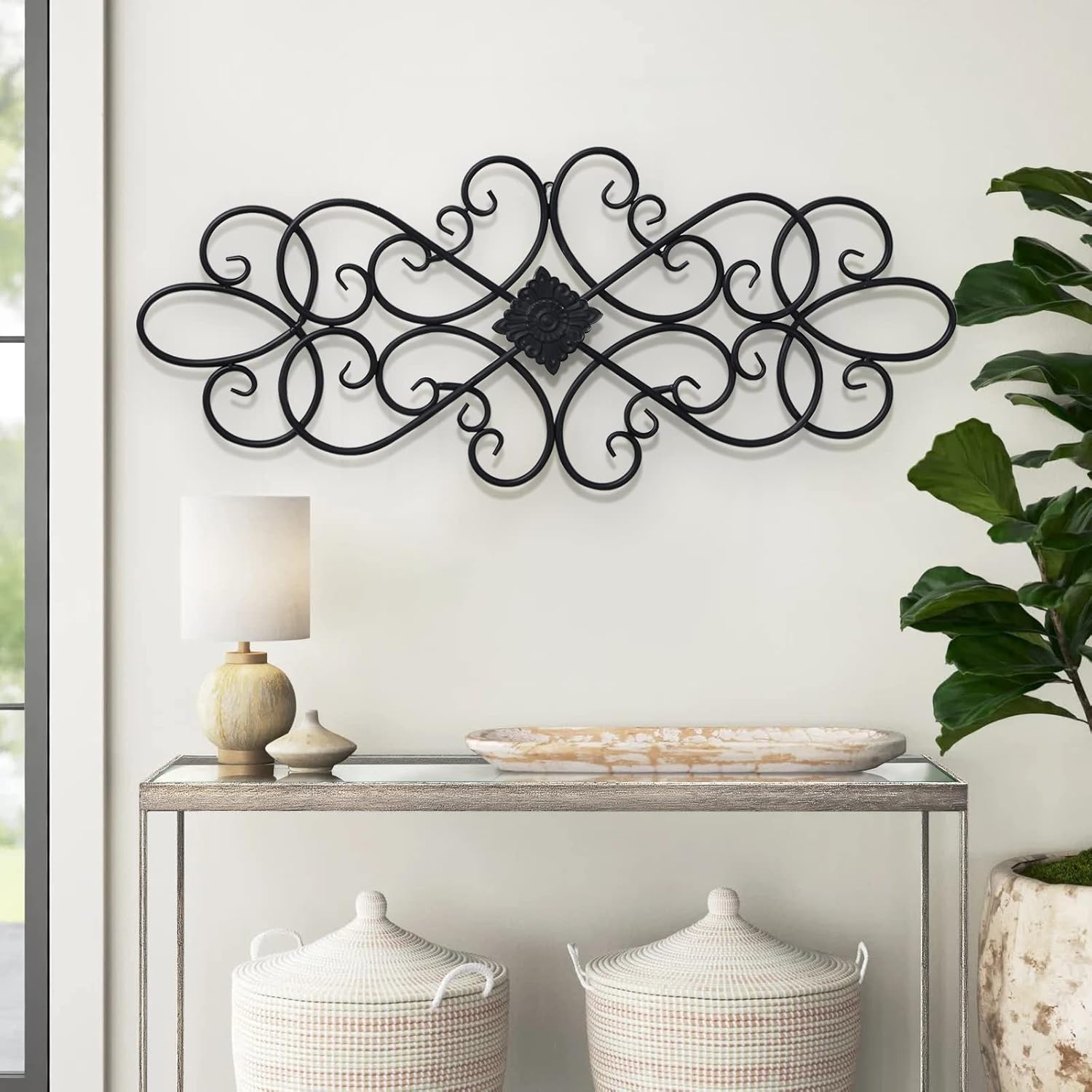 Black Wrought Iron Wall Decor 32" x 13", Hanging Flower Scroll Metal