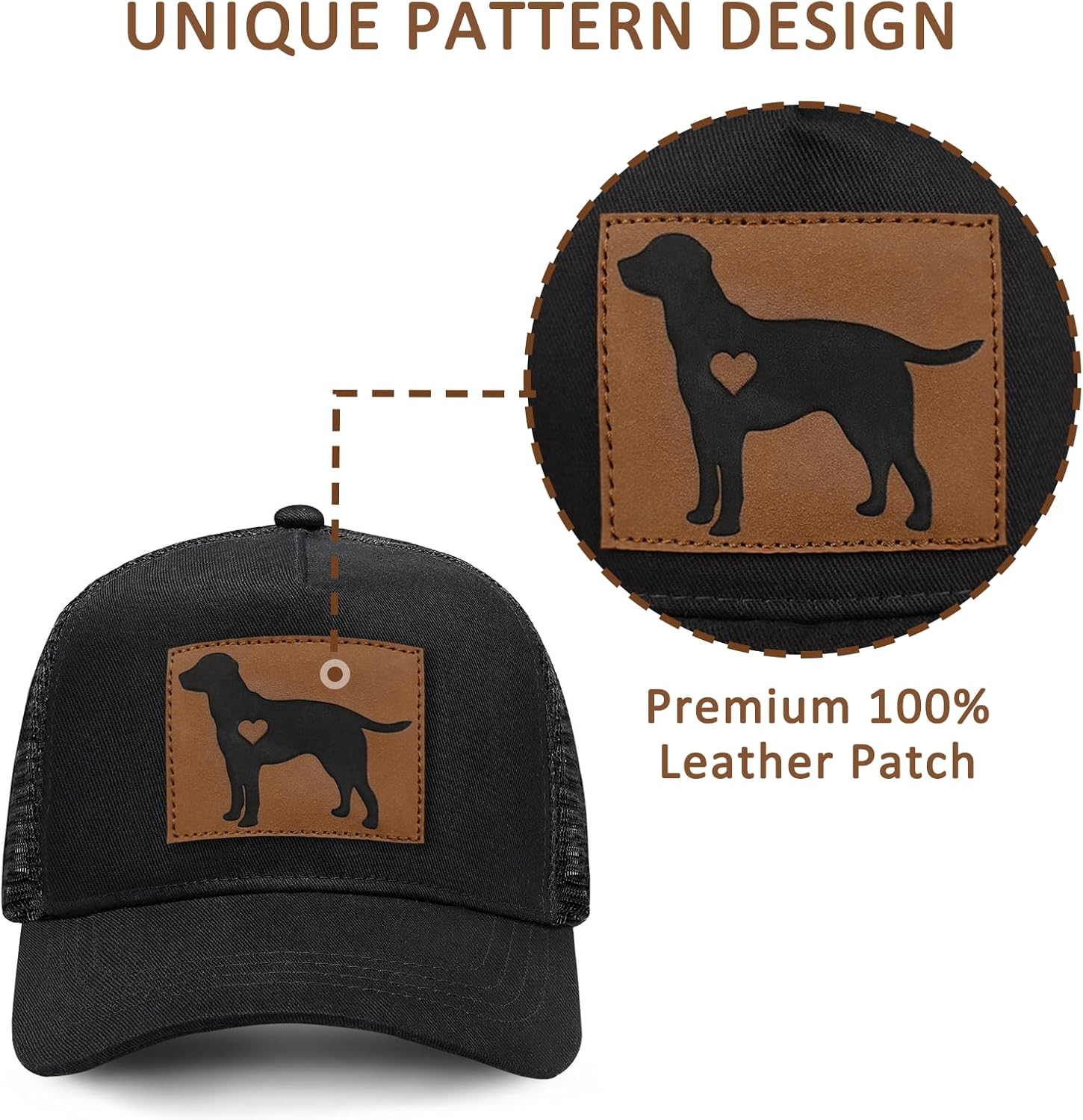 Dog Lover Gifts, Dog Leather Patch Trucker Hat Baseball Hats Adjustable Snapback Outdoor Baseball Cap, Mesh Back - Image 2