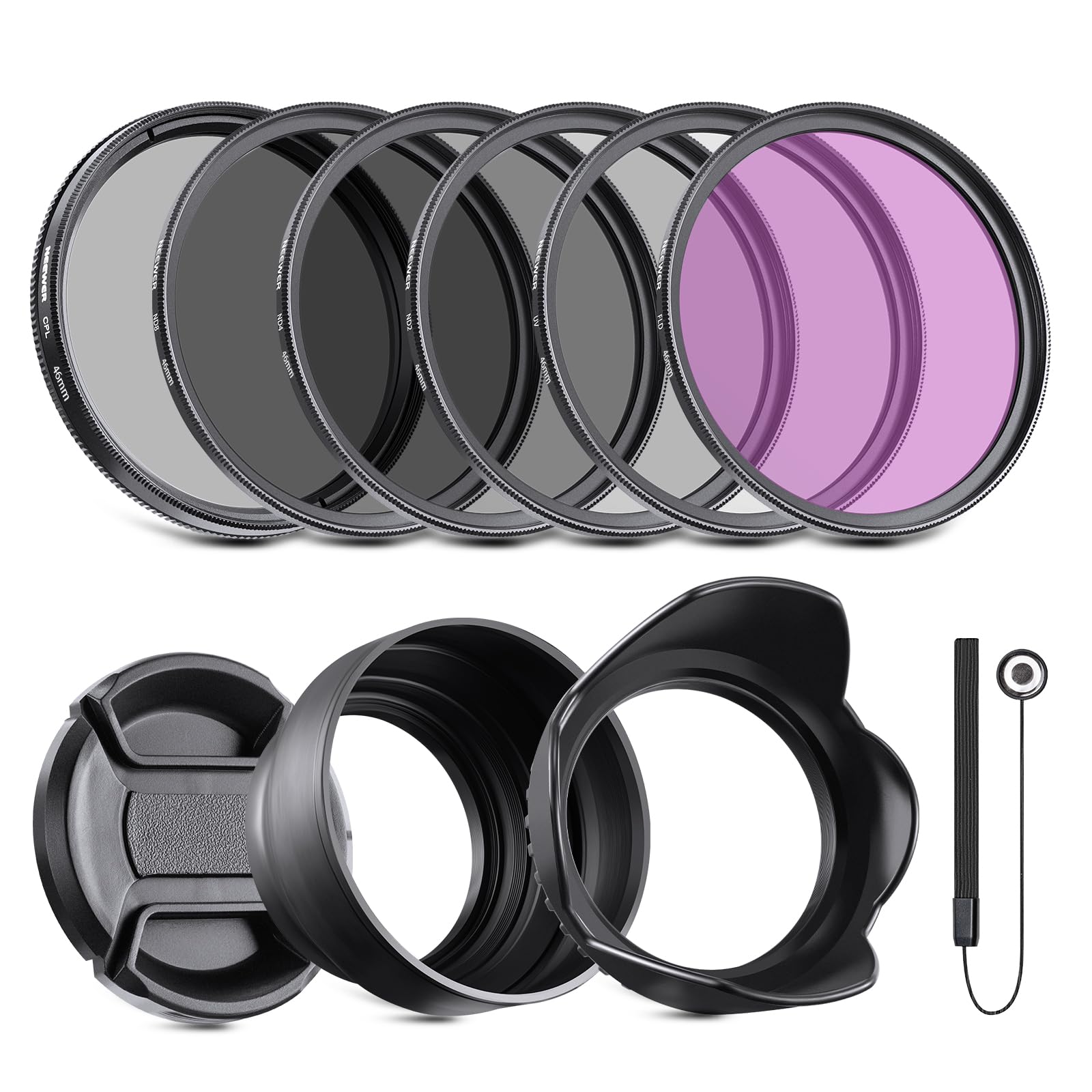NEEWER Objektiv Filter Set 46mm UV CPL und ND Filters(ND2, ND4, ND8) FLD Filter, Tulpenförmiger Blende, Zusammenklappbarer Gummi Blende, Filterbeutel, Sicherheitsgurt und Reinigungstuch