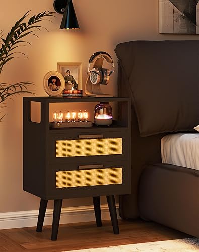 Miniatura 4 de YMYNY Mesita de noche con 2 cajones, mesa auxiliar bohemia, ratán decorado a mano, estante abierto con diseño arqueado, patas de madera maciza,