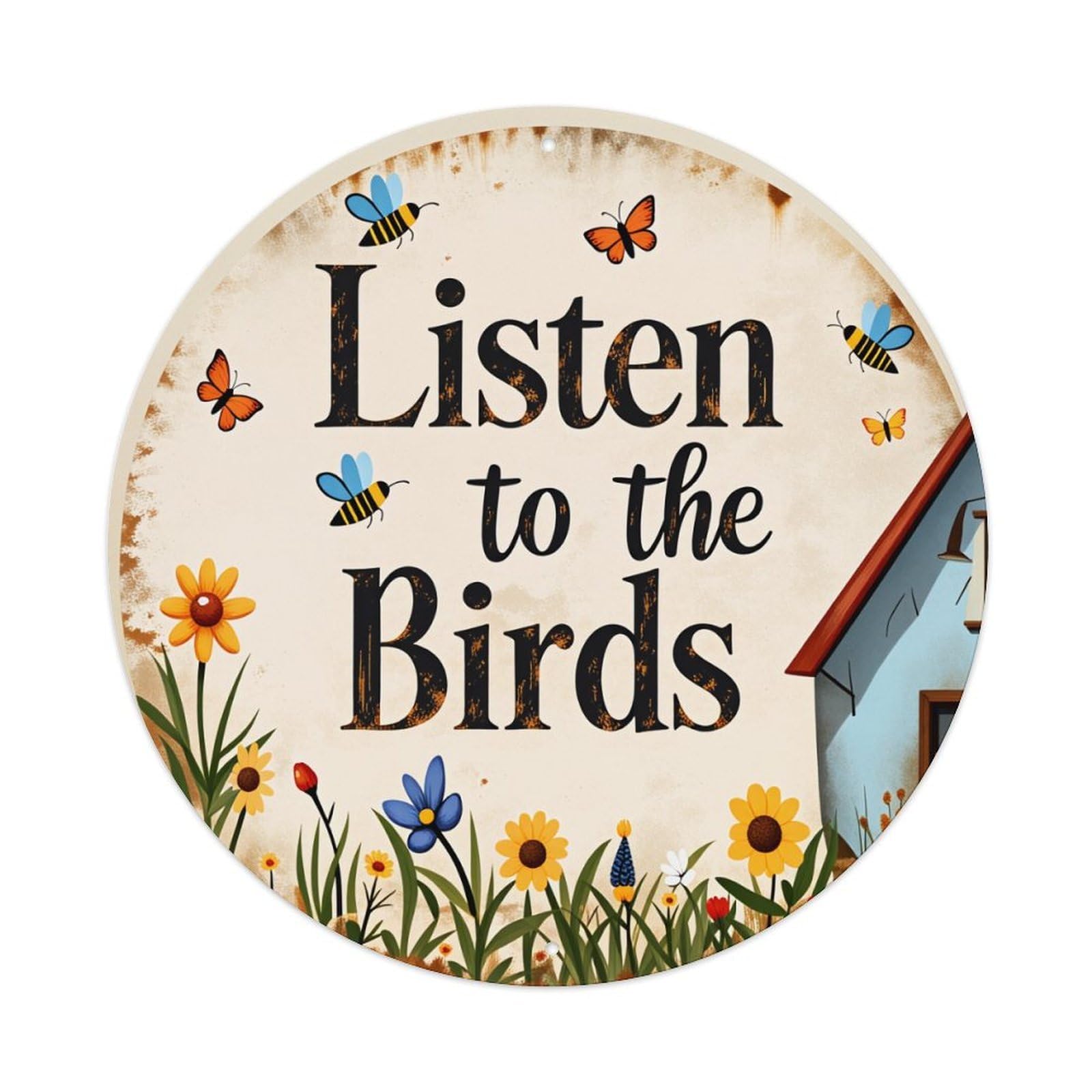 Wmlzdnwr Vintage Listen To The Birds Garden Scene With Flowers And Insects Round Tin Sign,Retro Wall Art,Metal Poster For Home, Bar, Garage, Cafe, Rustic Indoor & Outdoor Decor, 8X8 Inches