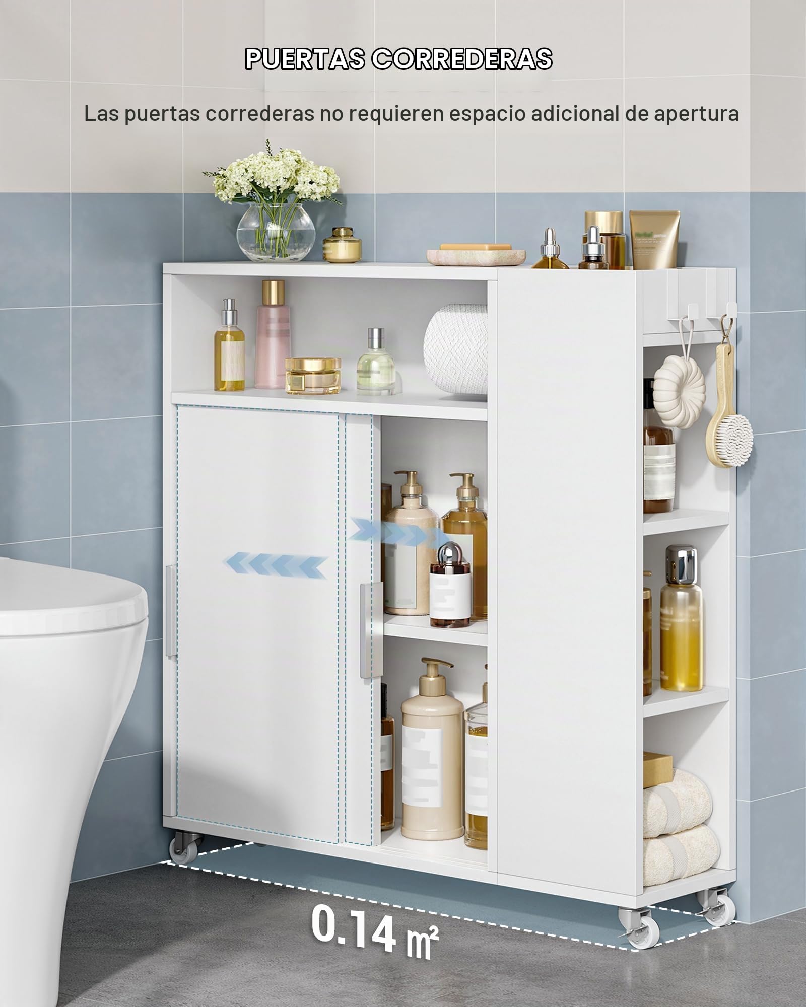 Hzuaneri Mueble de Baño on Ruedas, Estrecho, Mueble Empotrado con Puertas Correderas, Portarrollos, Estantes Ajustables, para Baño, Salón y Cocina, 20 x 70 x 80 cm, Blanco BC66603X