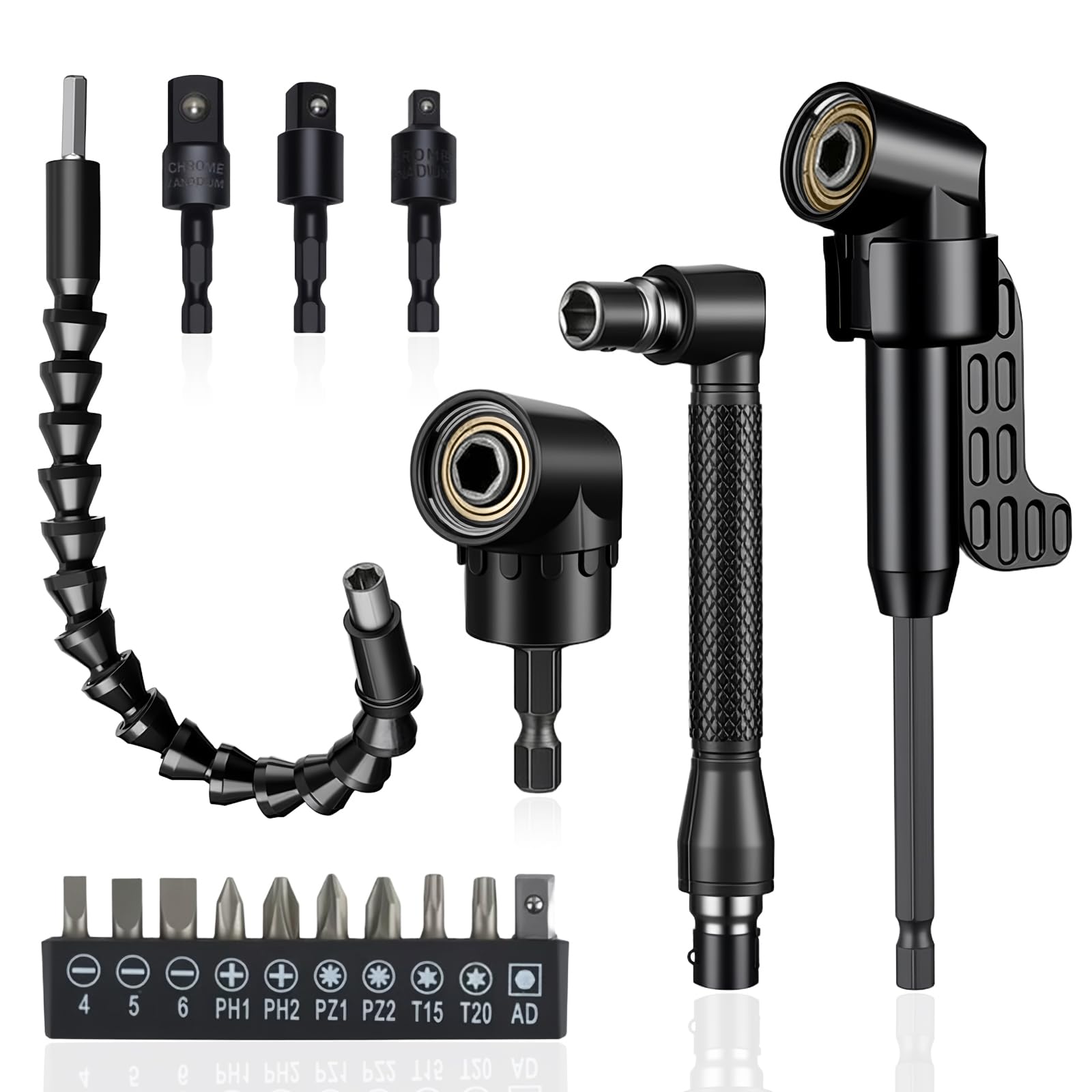 8 PCS Flexible Drill Bit Extension Set, Bendable Flexible Extension Bit Chrome Vanadium Steel 105° Right Angle Drill Attachment Rotatable Joint Socket for Tight Corner Workspace