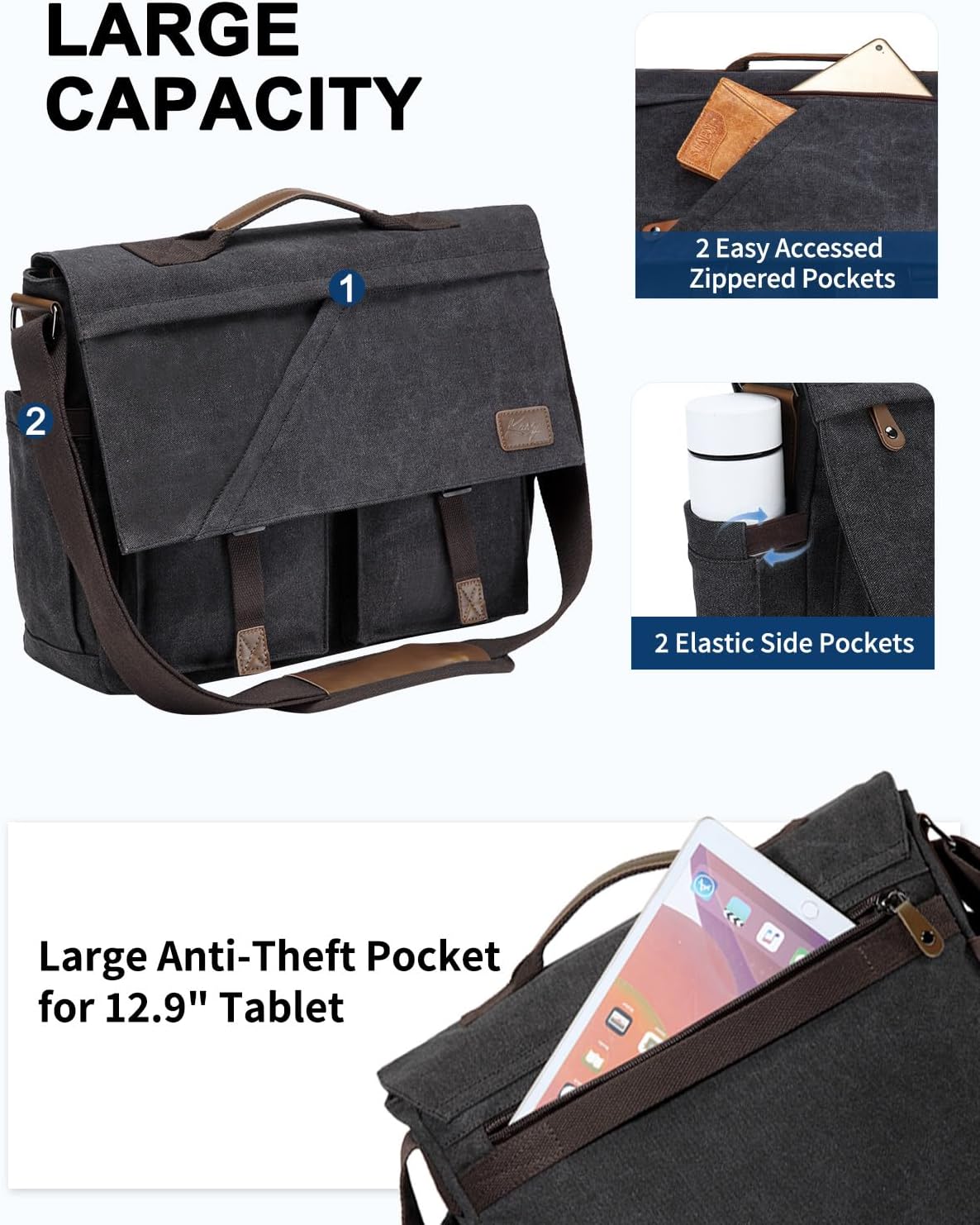 Kasqo Messenger Bag for Men, 14" 15.6" 17" Water Resistant Canvas Laptop Satchel Bag for School College Work