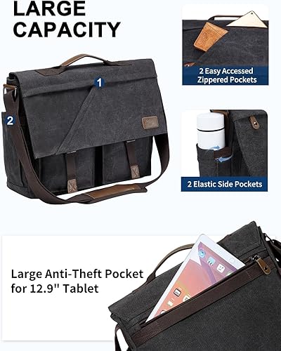 Miniatura 4 de Kasqo Bolsa de mensajero para hombre, 14 pulgadas, 15.6 pulgadas, 17 pulgadas, resistente al agua, bolsa de lona para laptop, para escuela,