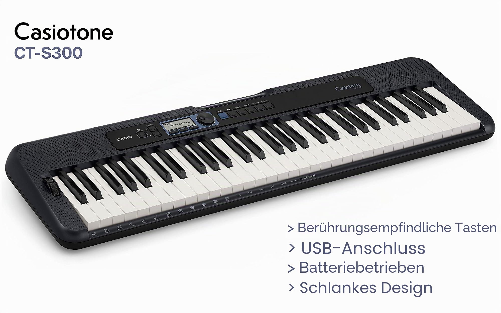 Casio CT-S300AD 61 berührungsempfindliche Tasten, Pitch-Bend Wheel tragbare elektronische Tastatur in Schwarz mit AC-Adapter im Lieferumfang enthalten