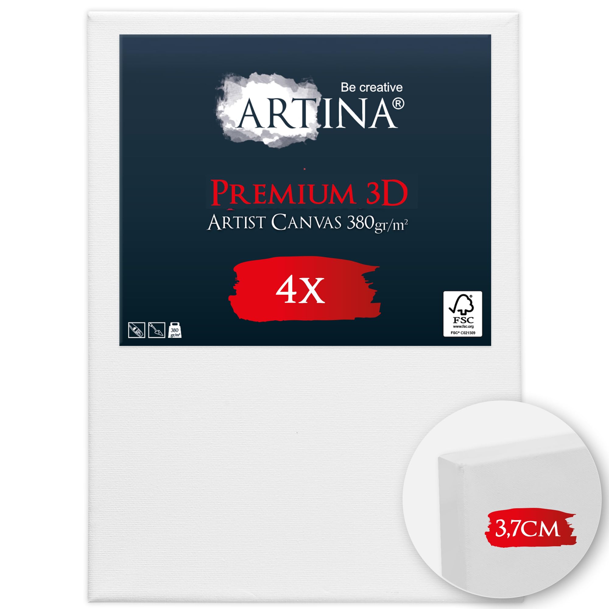 Artina Lot de 4 toiles à peindre 3D Canvas FSC® châssis bois coton apprêté