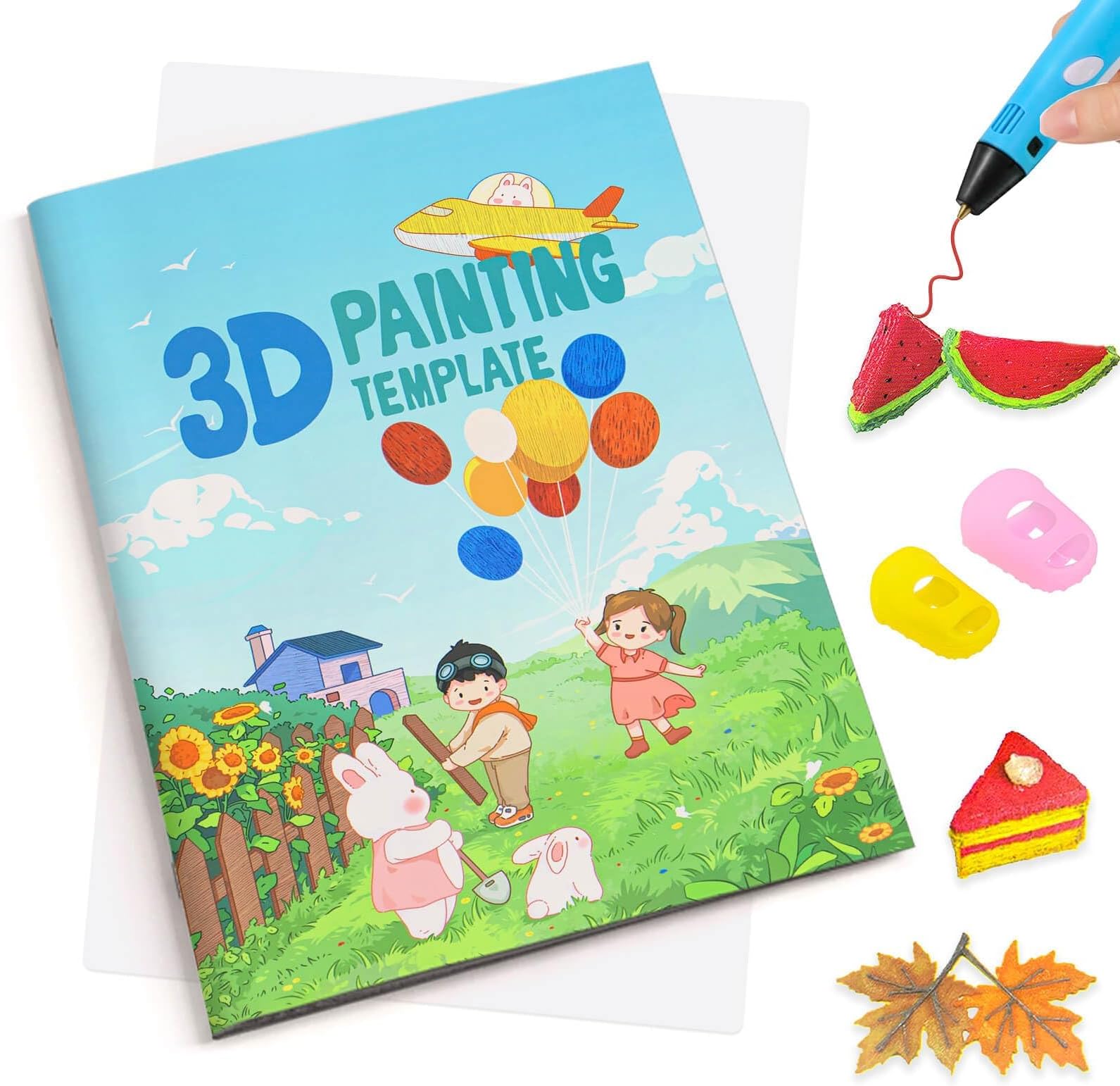 3D Printing Drawing Book, Reusable Colorful 40 Patterns Thick Paper Template with a Clear Plate, Painting Graffiti Template for 3D Pen DIY Gift (Cute Childhood)