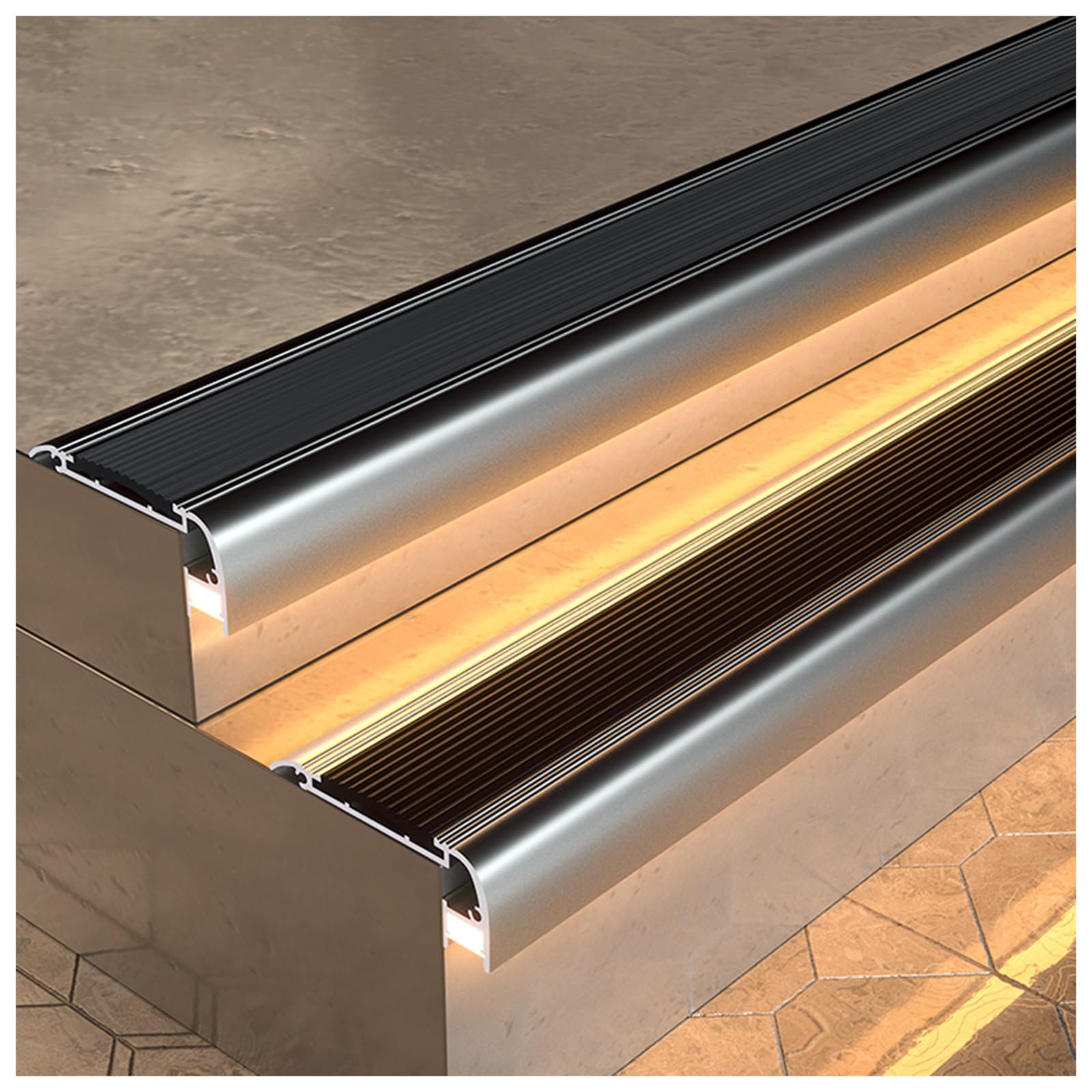 Nez d'escalier avec canal LED pour éviter les chutes et sécuriser les marches